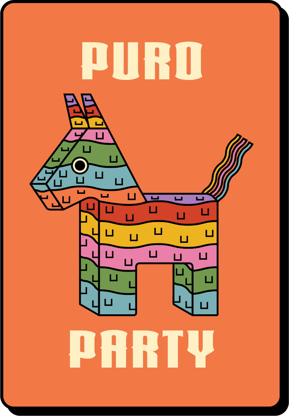 No Sabo app “Puro Party” trivia deck featuring a colorful piñata, celebrating Latino parties, family gatherings, and bilingual party game fun.