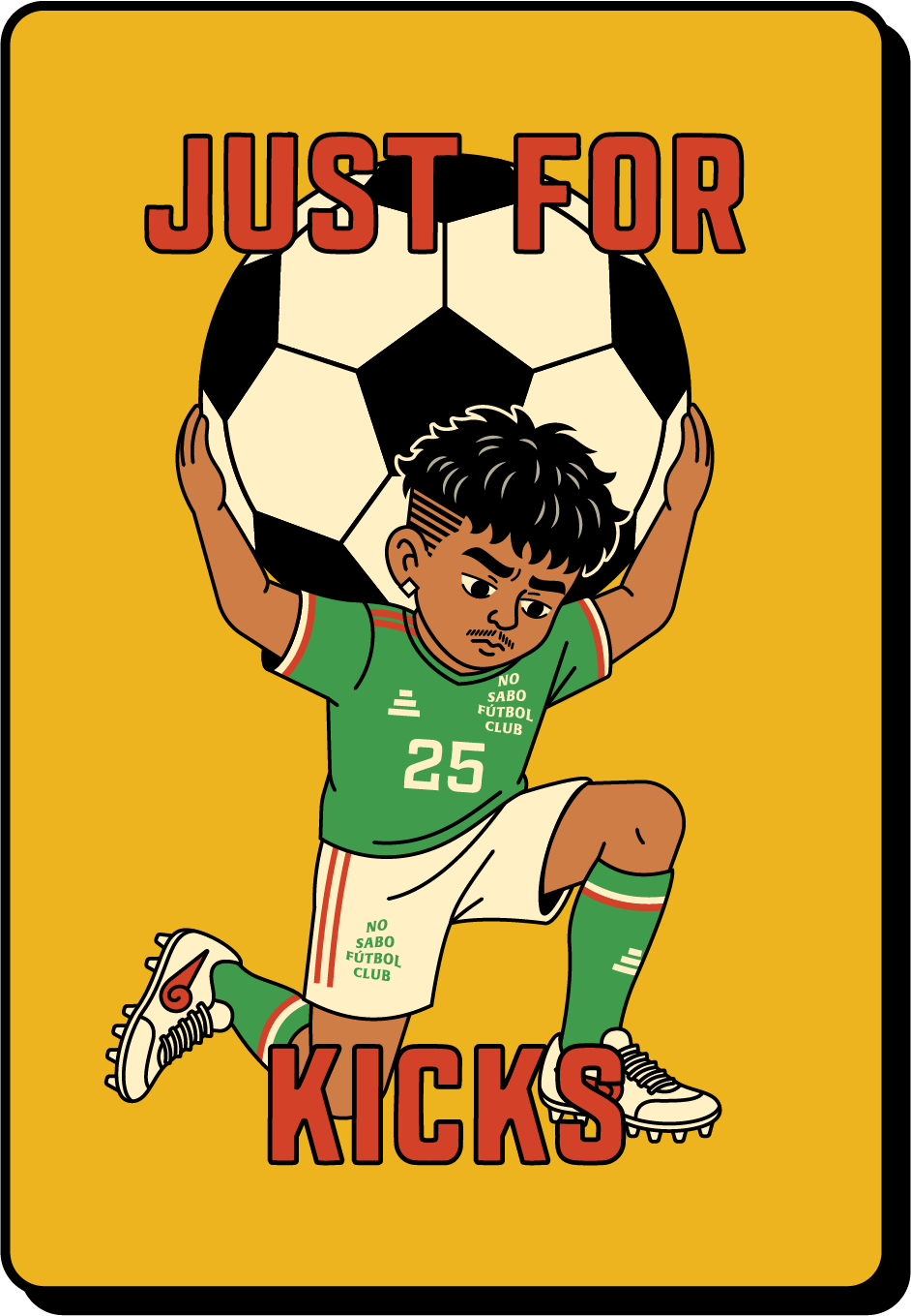 No Sabo app trivia card featuring a cartoon soccer player and the phrase “Just for Kicks,” showcasing sports-themed humor in the Latino trivia and party game