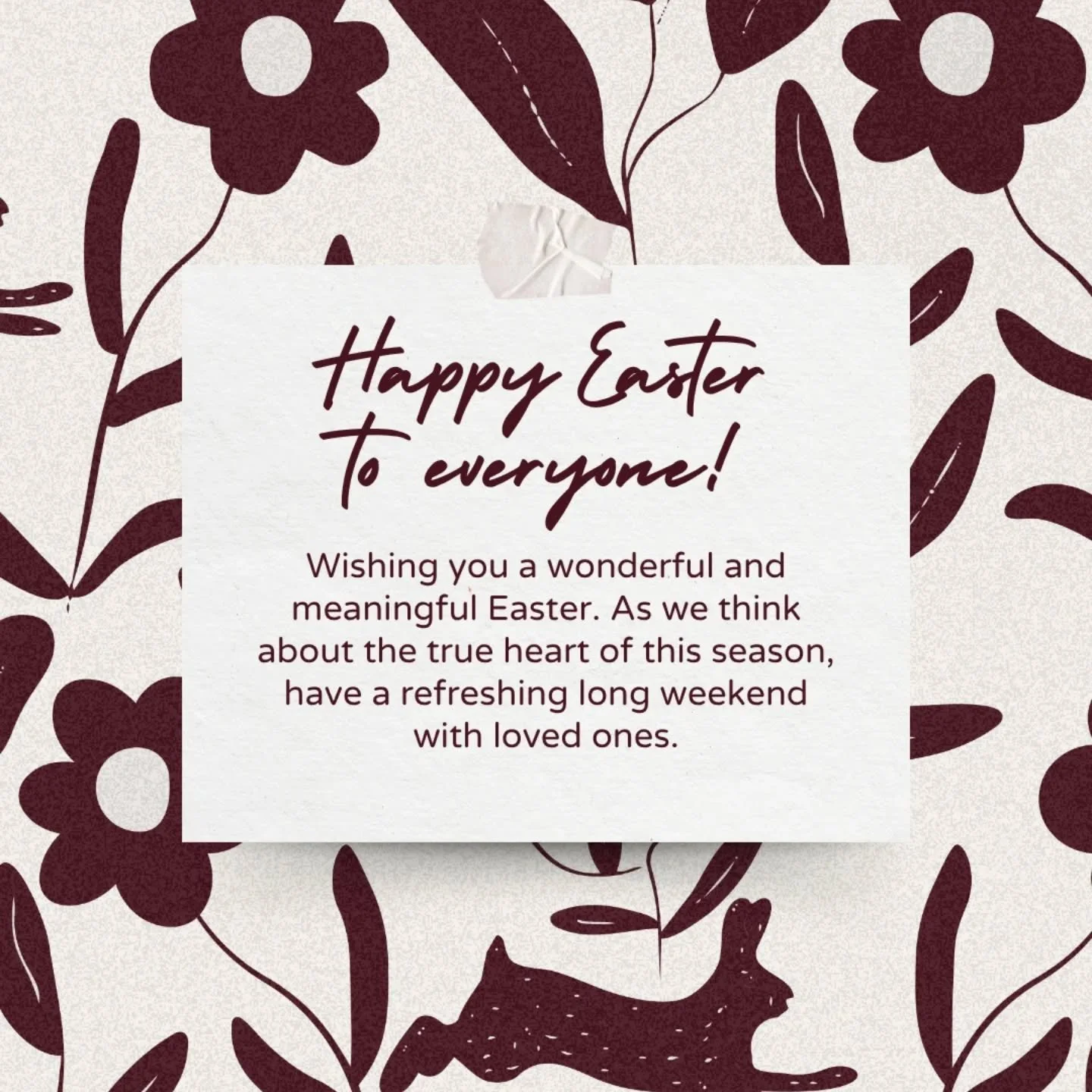 Happy Easter everyone!

Wishing you a wonderful and meaningful Easter. As we think about the true heart of this season, have a refreshing long weekend with loved ones.

We are switching off this long weekend and back to work on Tuesday 7th April. 

S