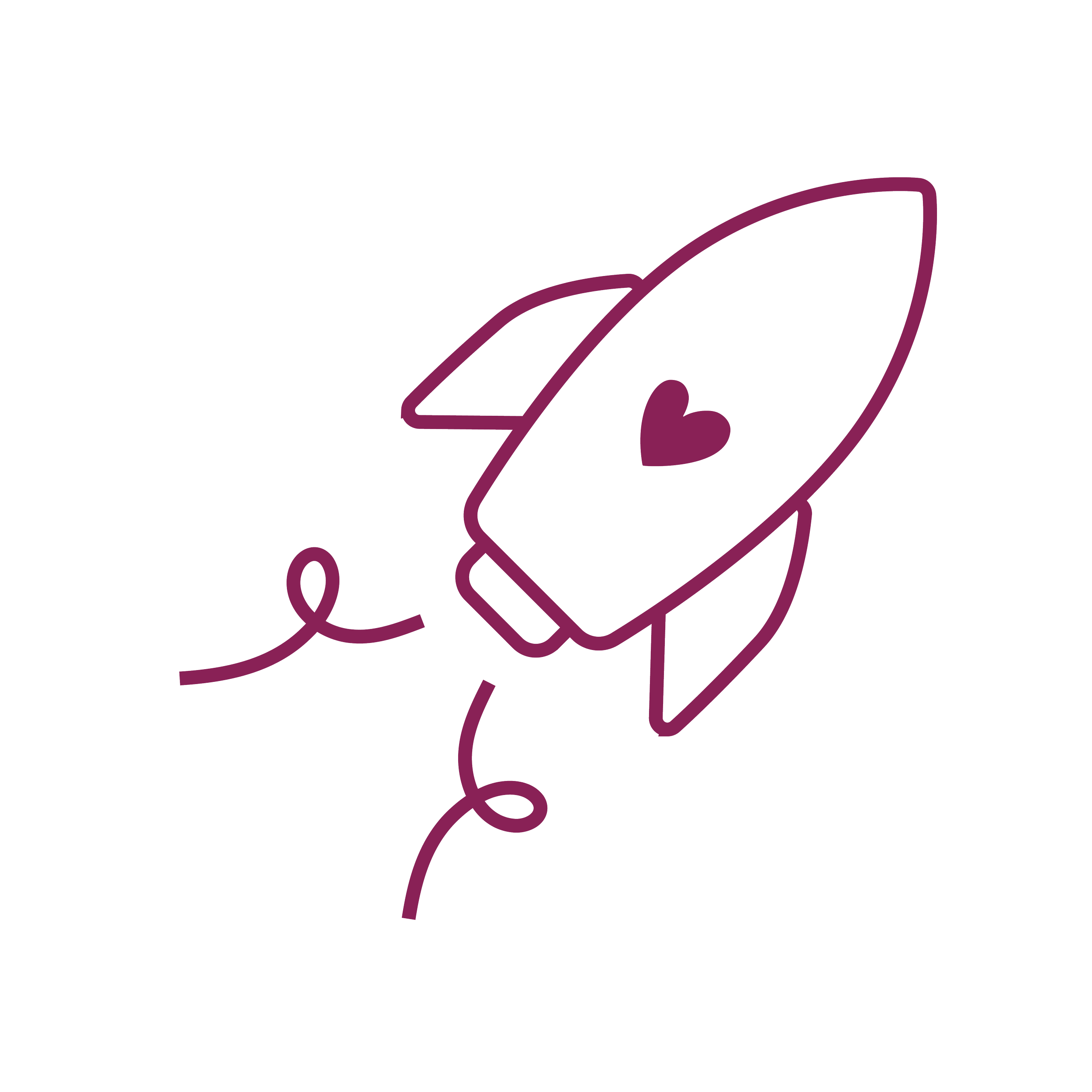 Illustration of a rocket with a heart on it, drawn with purple lines.