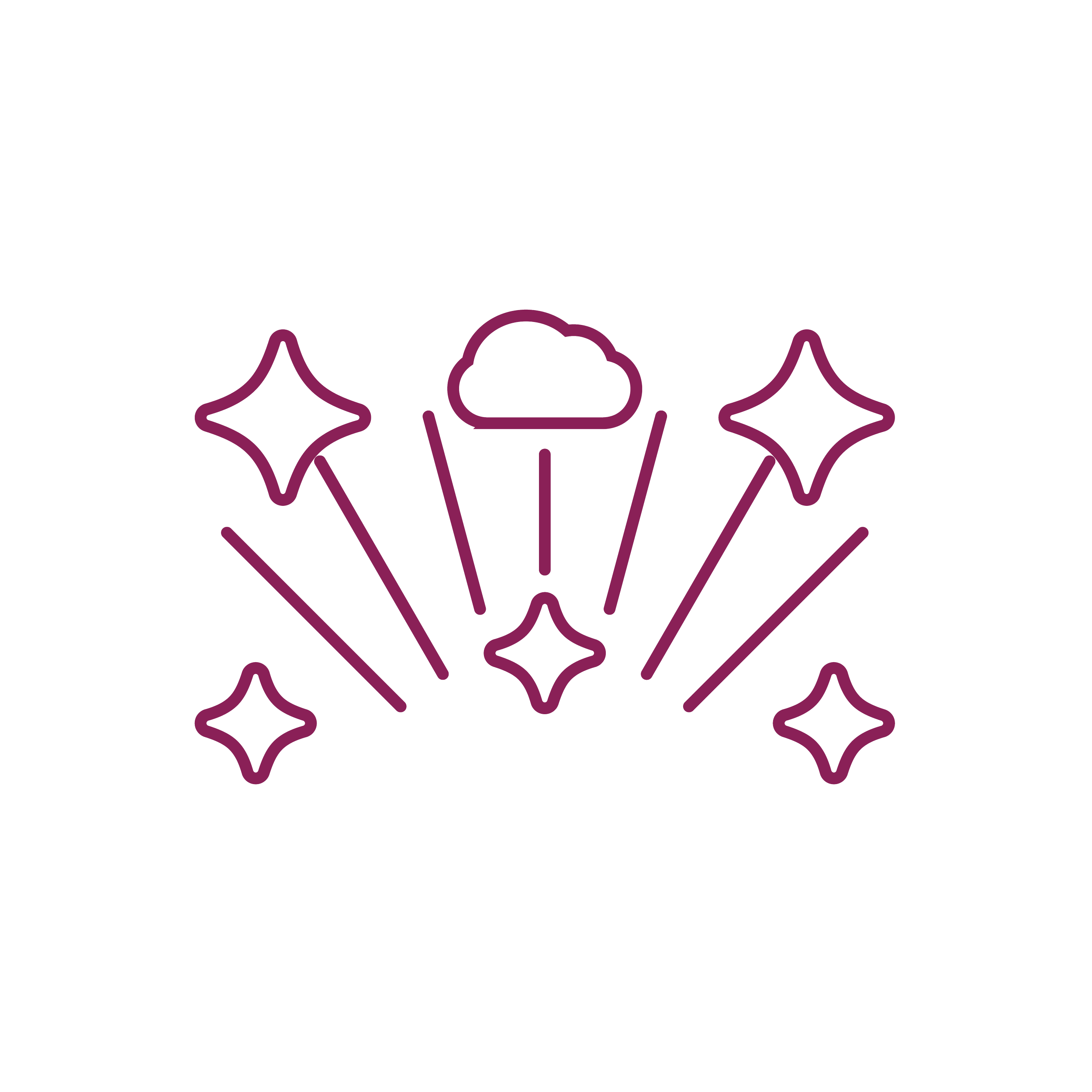 Line drawing of a cloud with stars and light rays emanating from it, depicted in purple on a black background.