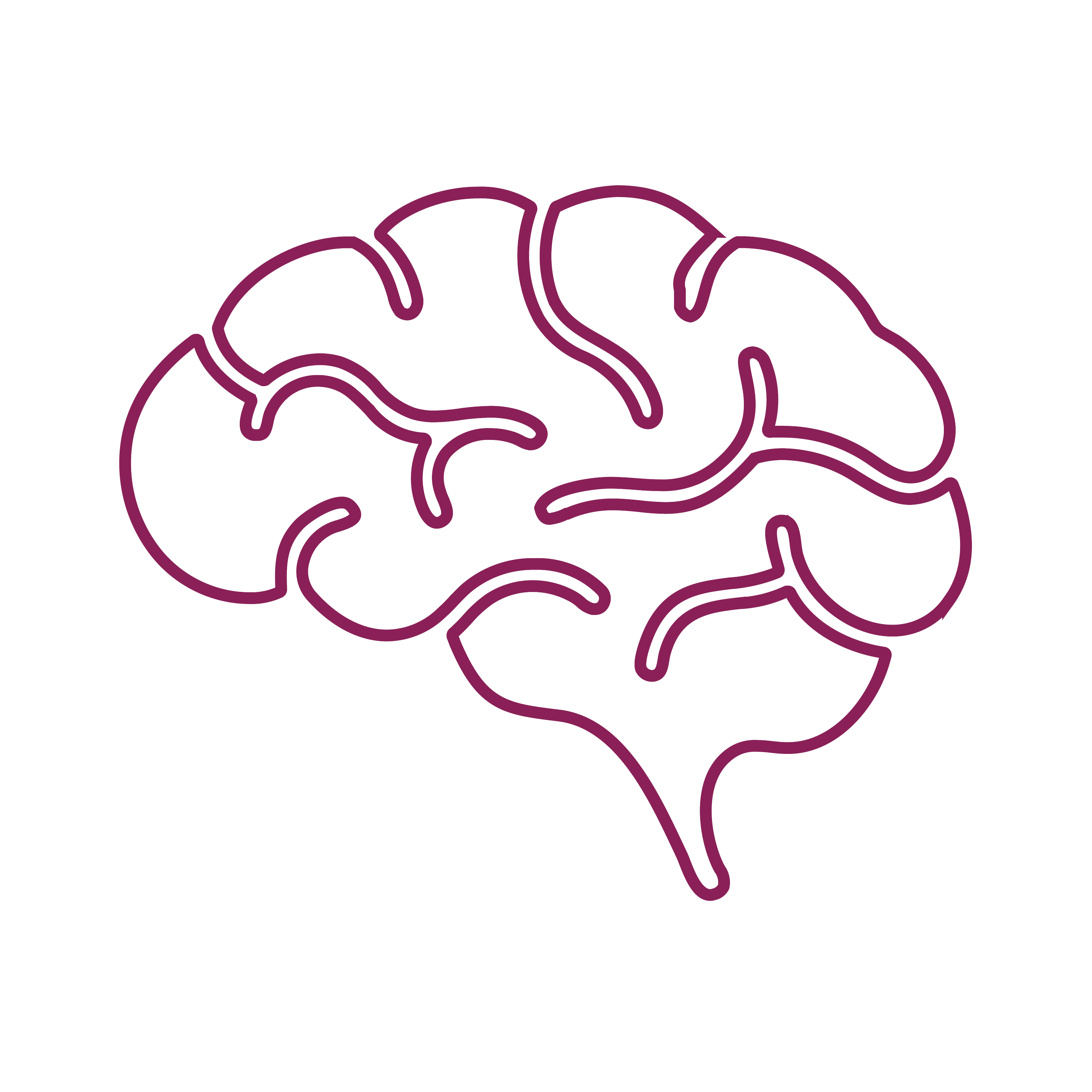 Outline of a brain depicted with interconnected purple lines on a black background.