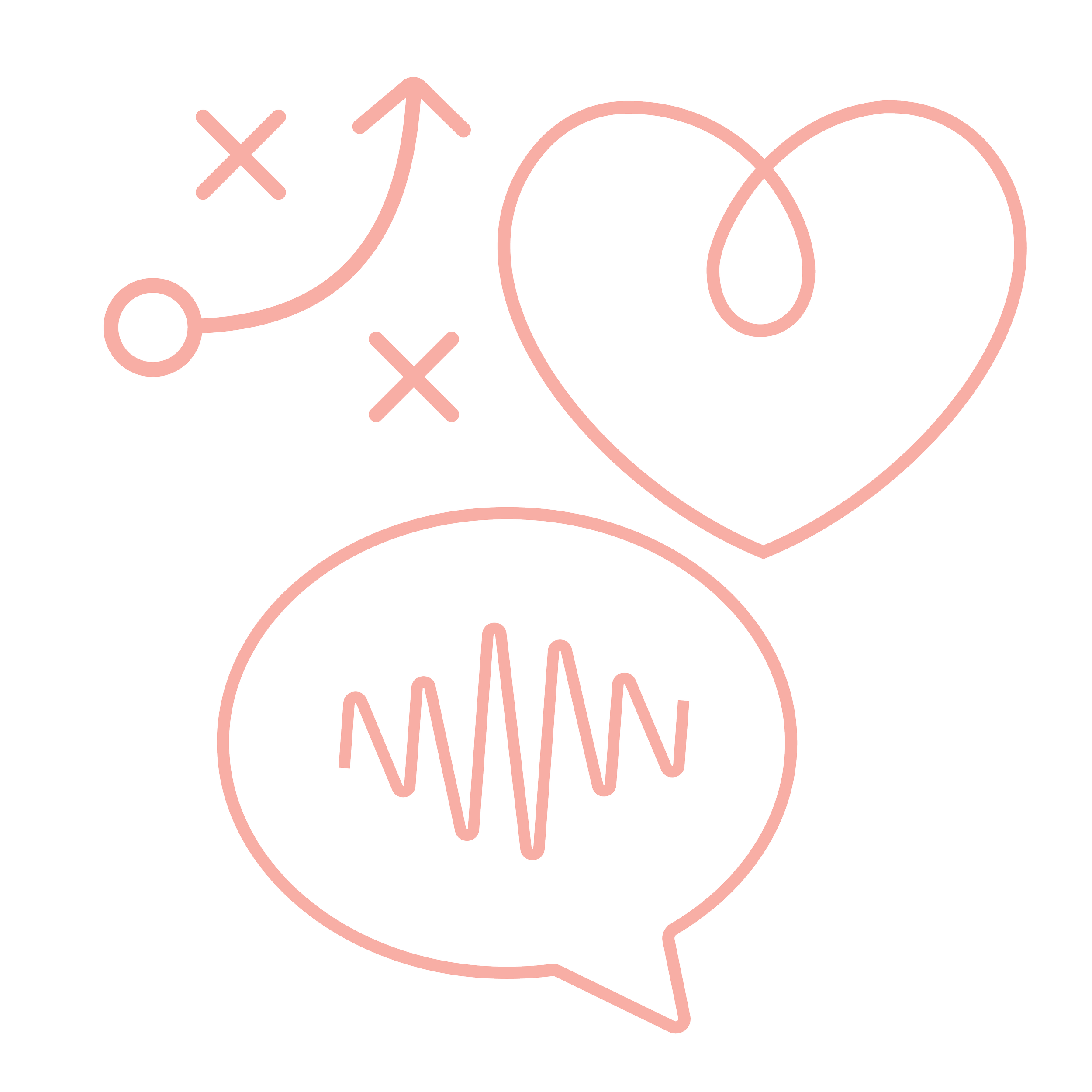 Stylized pink line art speech bubbles, a heart, a tactical diagram, and a heartbeat monitor on a black background.