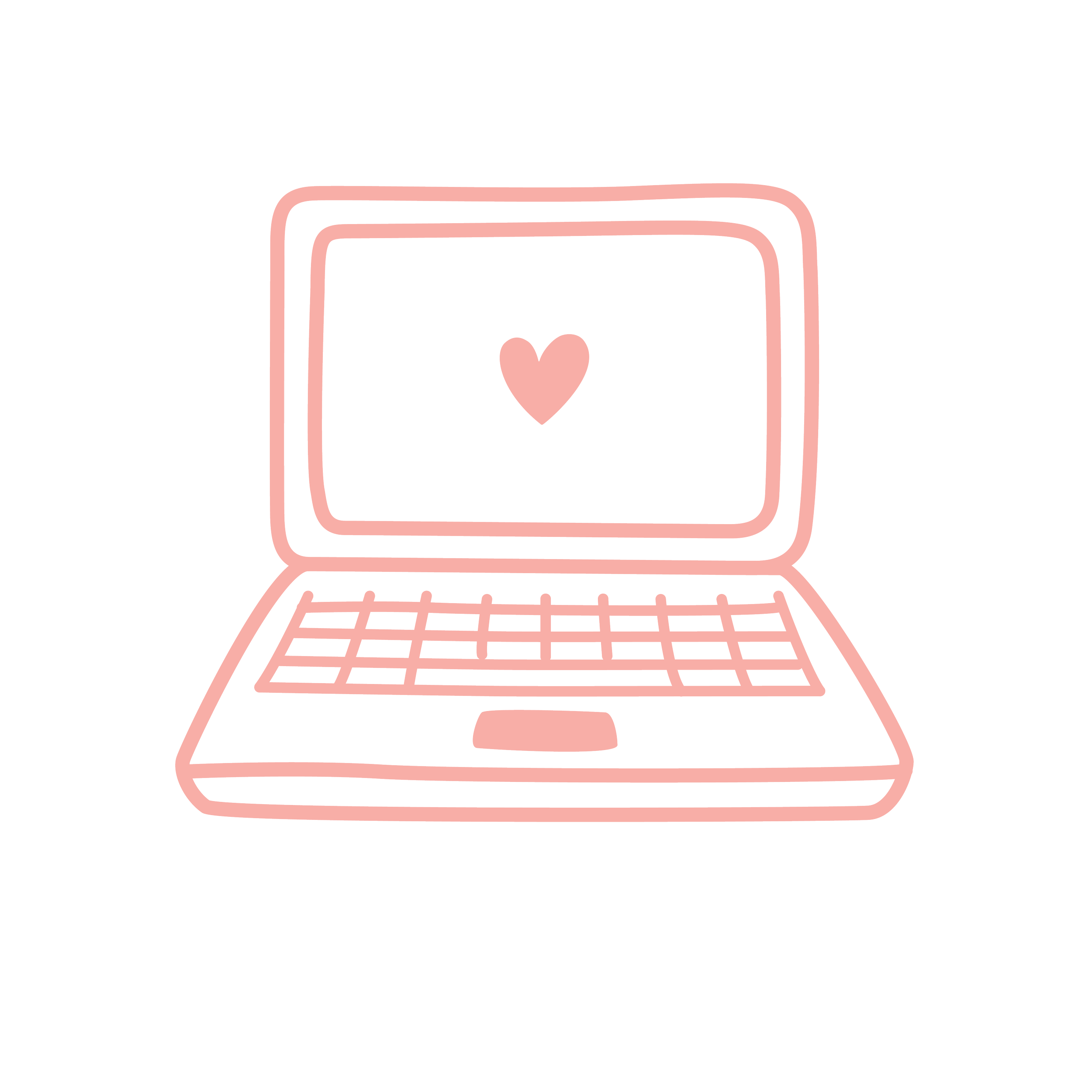 A digital drawing of a pink laptop with a blue screen displaying a white Facebook-like post with a pink heart icon in the center.