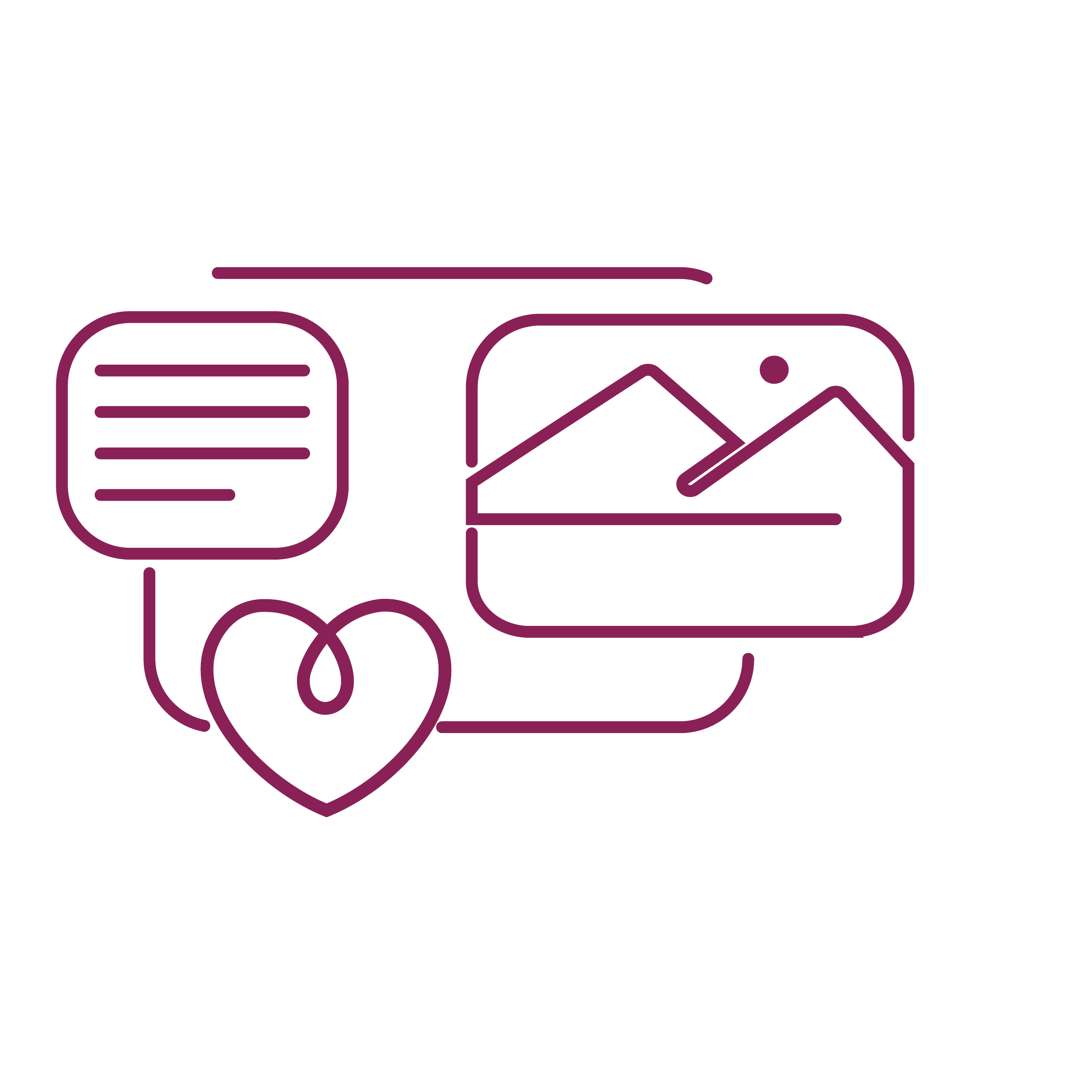 Neon outline drawing of a computer screen with a mountain scene, a speech bubble, and a heart symbol, all connected with lines.