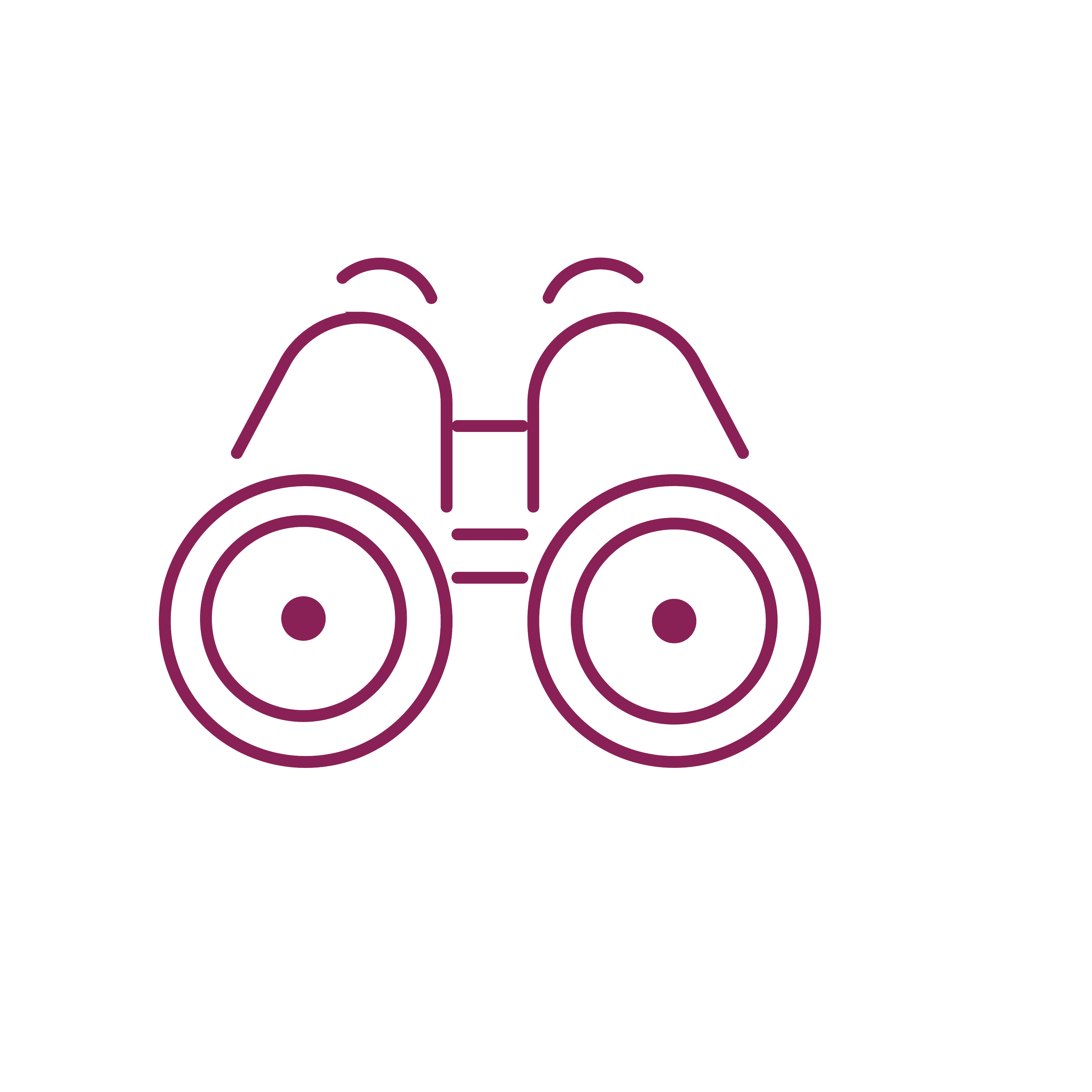 Line drawing of binoculars with a purple outline on a black background.