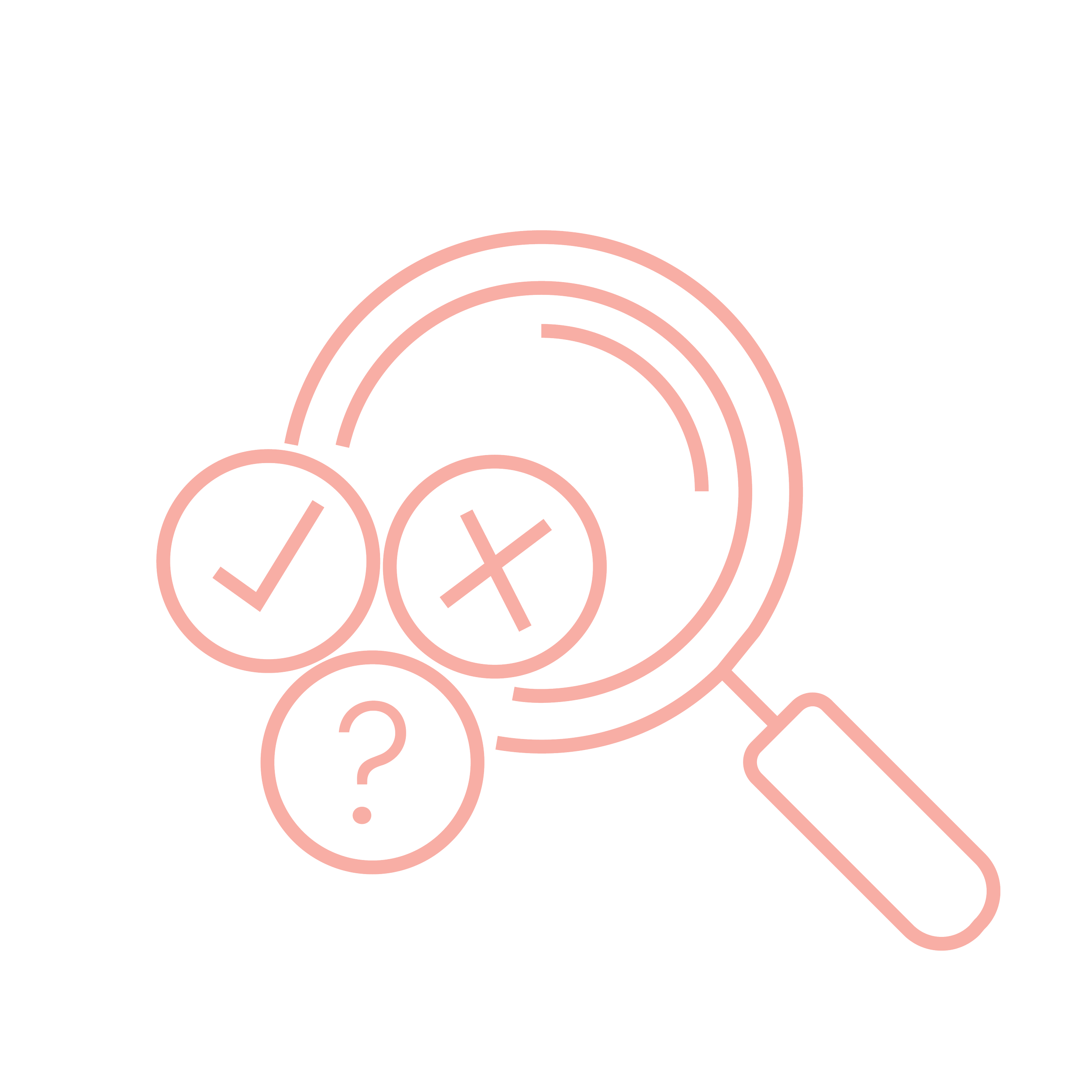 Outline of a magnifying glass over three circles with check mark, cross, and question mark symbols, on a black background.