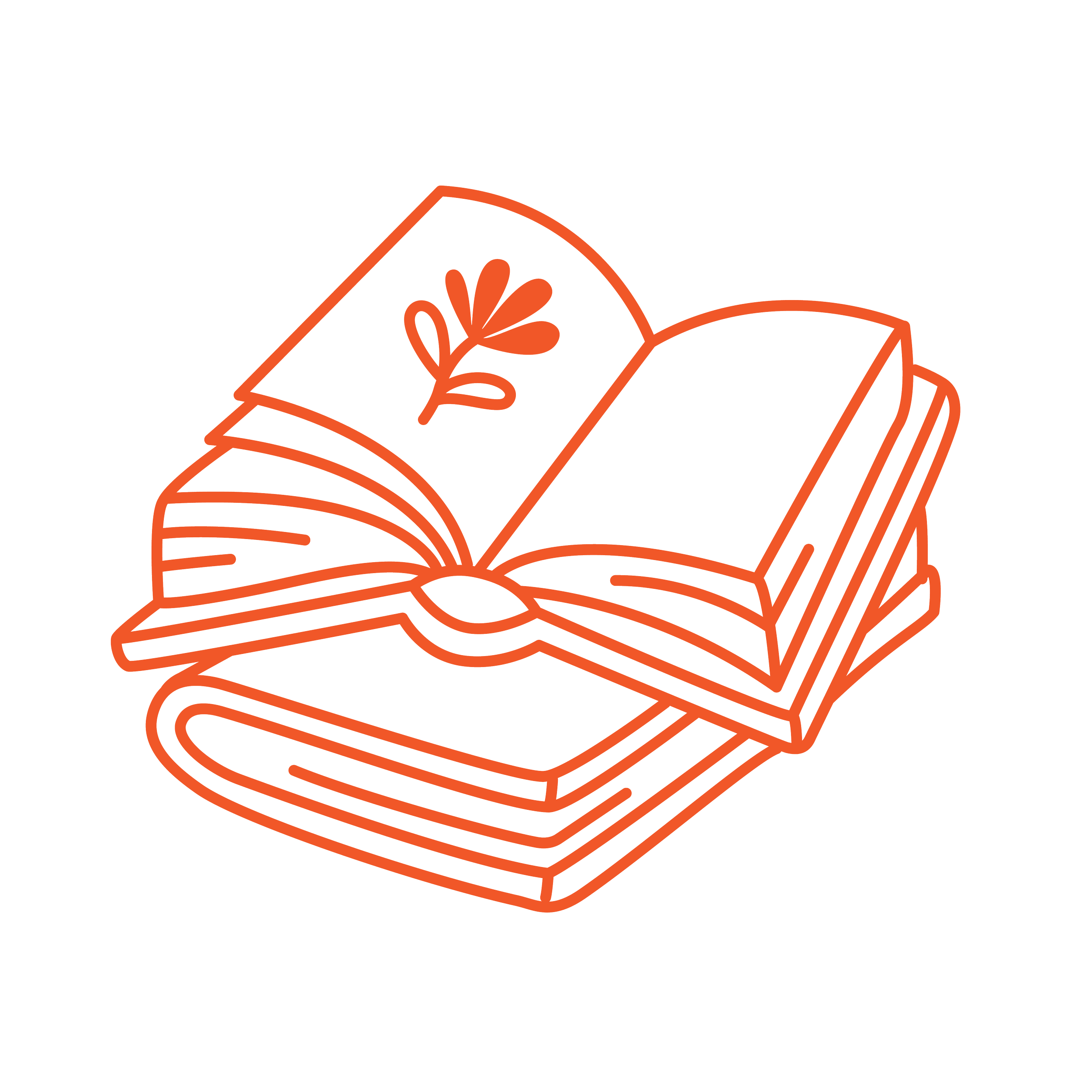 Outline illustration of an open book with a plant or leaf on one page, resting on a closed book.