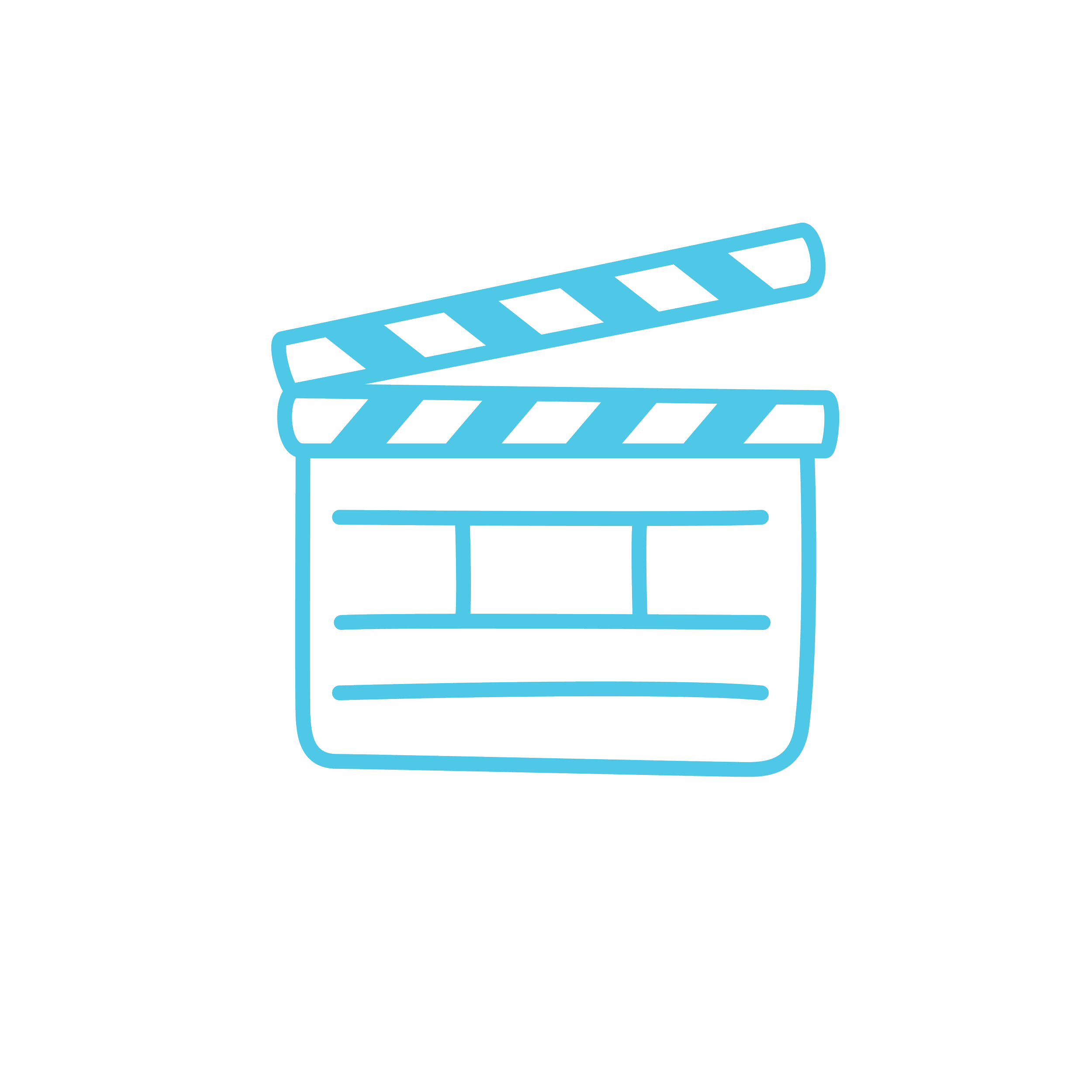 Icon of a movie clapperboard in blue outline.