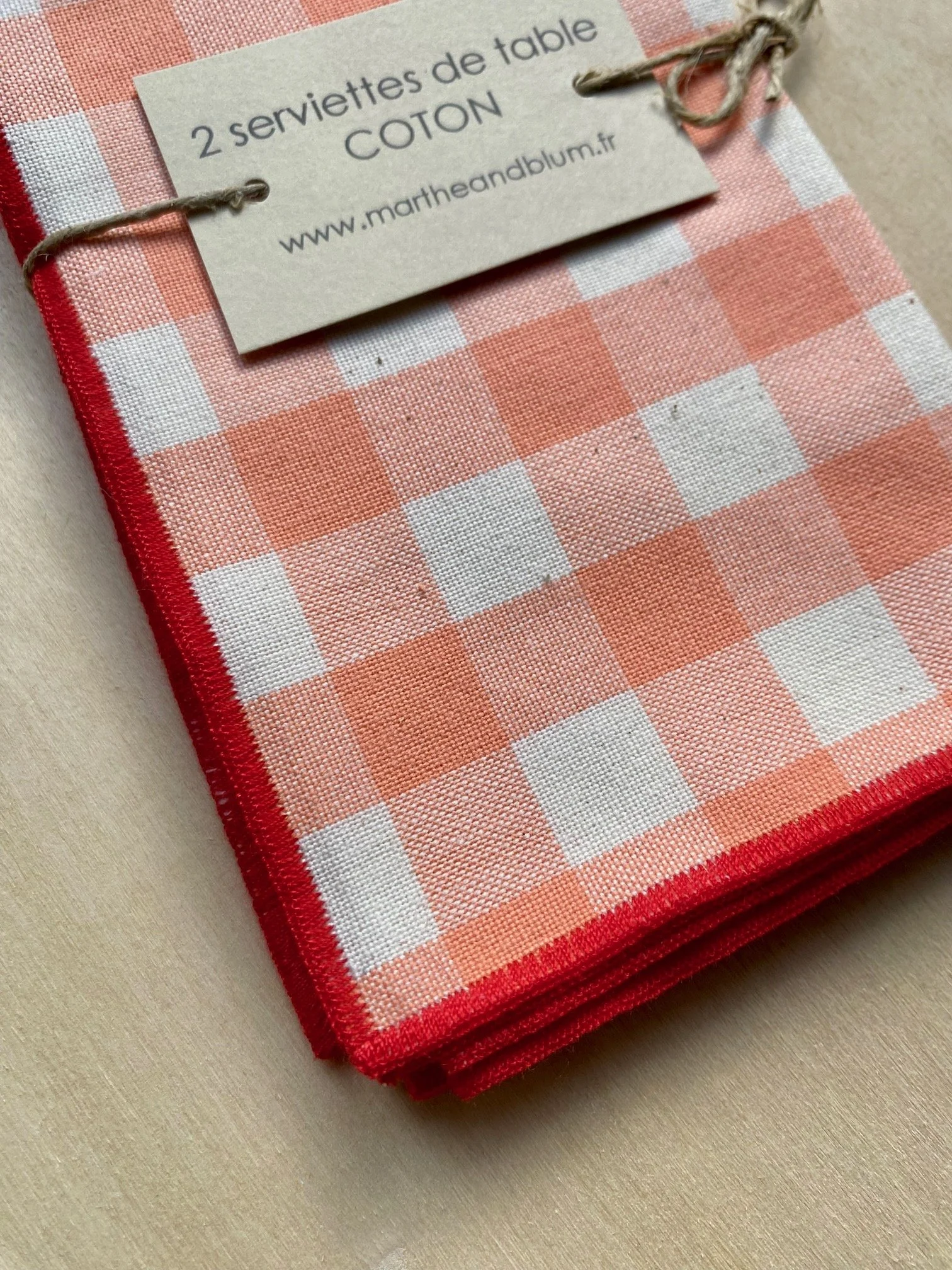 Serviettes de table coton - BIG VICHY - corail