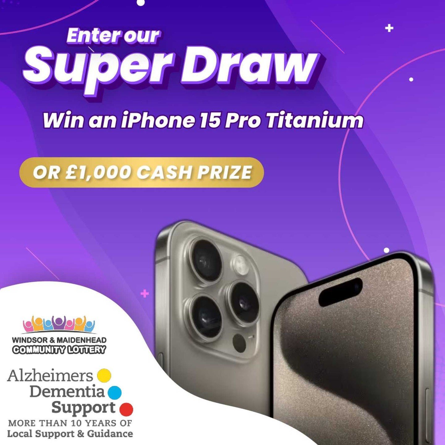 💷 Win &pound;1,000 or a brand-new iPhone 15 Pro Titanium, this weekend📱 with the #RBWMLottery!

Get your tickets for your chance to win 👉 [link in bio] and support 'ADS' Charity in a fun way!
 
#AlzheimersDementiaSupport #ADS #RBWMLottery #Charity