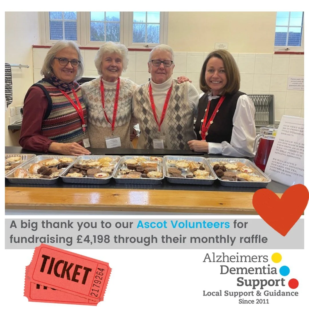 Our wonderful Ascot Volunteers have been raising money for 'ADS' since June 2024.  They have been holding monthly raffles at the Ascot Singing for Pleasure Friday service. 🤩 

They have donated all the prizes themselves.  Angie Barker, Sue Sargeant,
