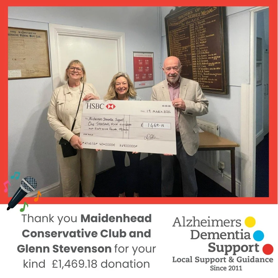 A big thank you to the Maidenhead Conservative Club and Glenn Stevenson for organising Music for Memories in aid of 'ADS'. Elisa Croxford, Club Secretary presented 'ADS' Trustee David Coppinger and Dee Allgood with a cheque for &pound;1,469.18. Thank