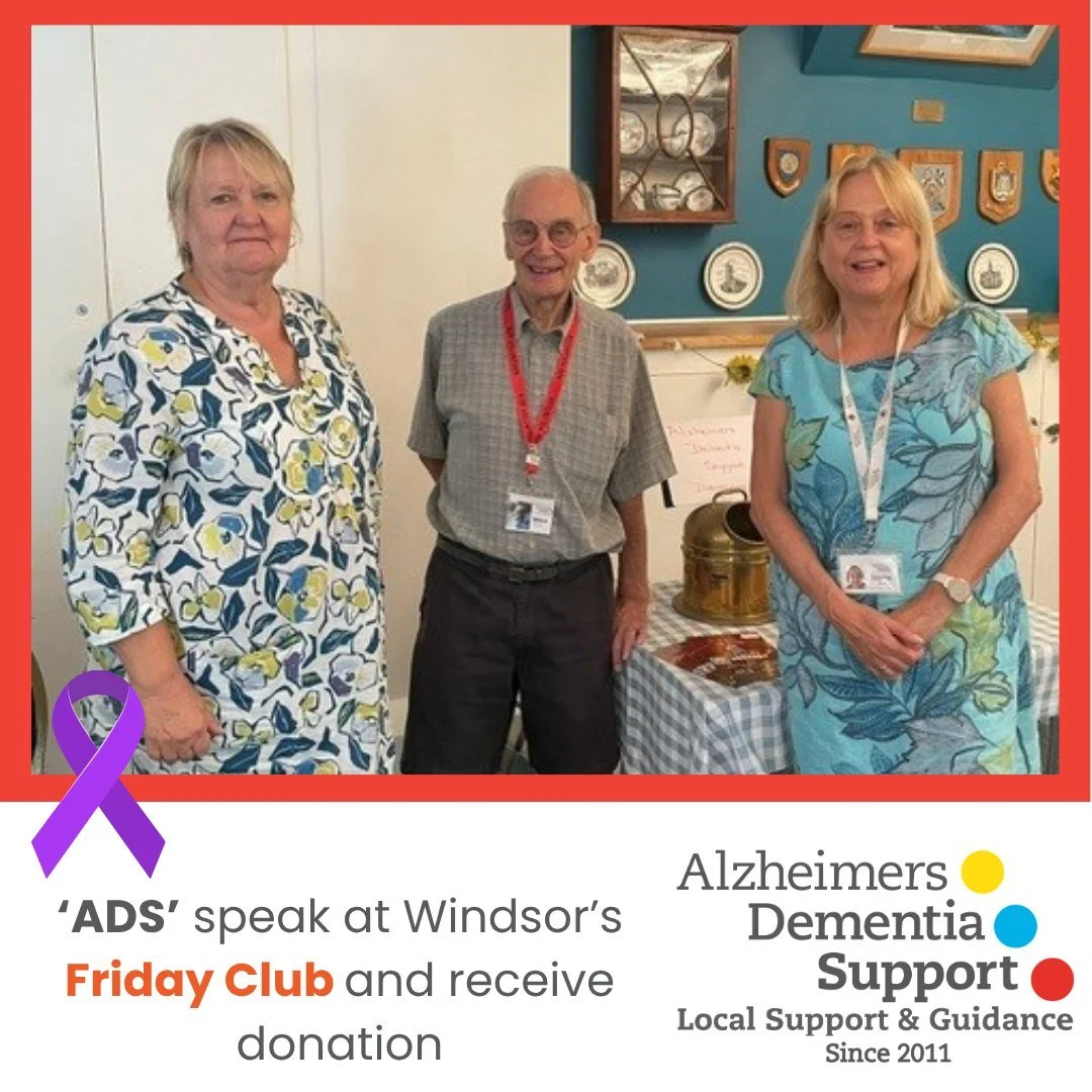 Our Senior Dementia Advisor Terrie Hall was invited to Holy Trinity Church in Windsor to talk to the members of the Friday Club about the work we do at the Charity.

Pictured with Terrie  is  Penny Wells who runs the Club alongside our volunteer Mike