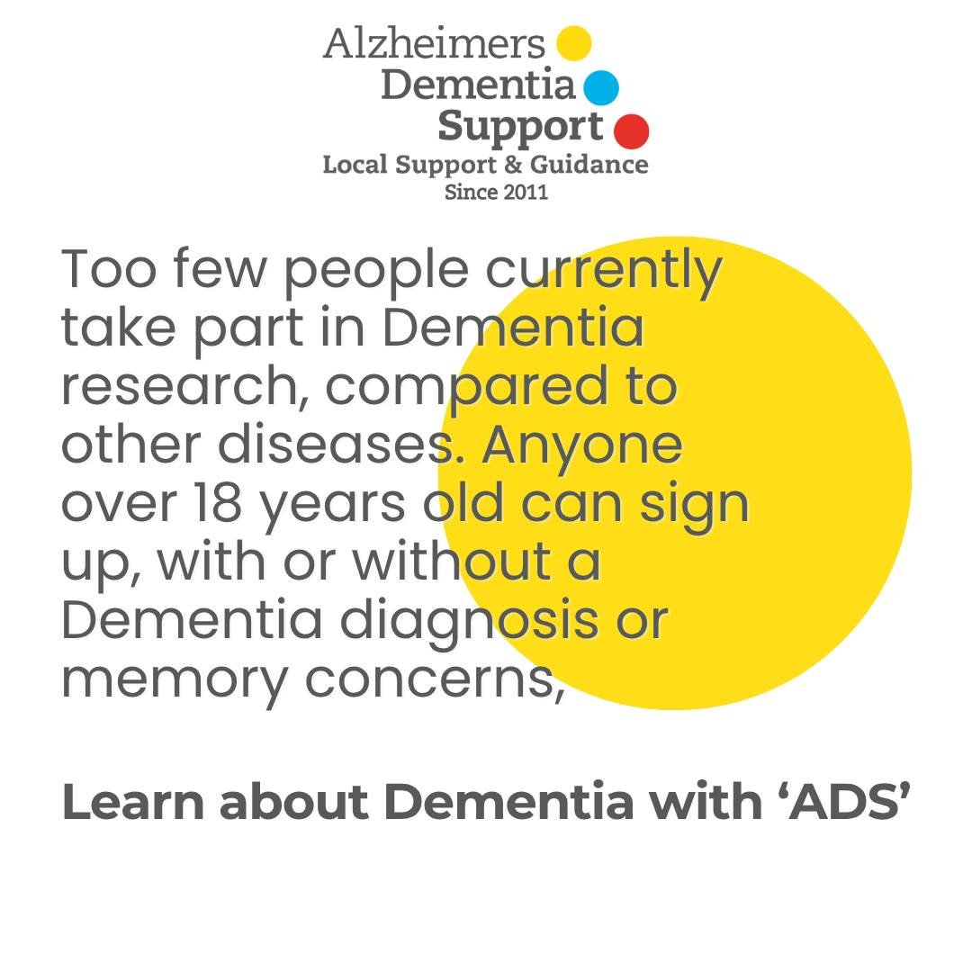 Sign up through the NIHR&rsquo;s 'Join Dementia Research' service via link https://tinyurl.com/ADS-JDR 👈 . Taking part gives people the chance to contribute to the search for better treatments and help bring hope to the millions of families affected
