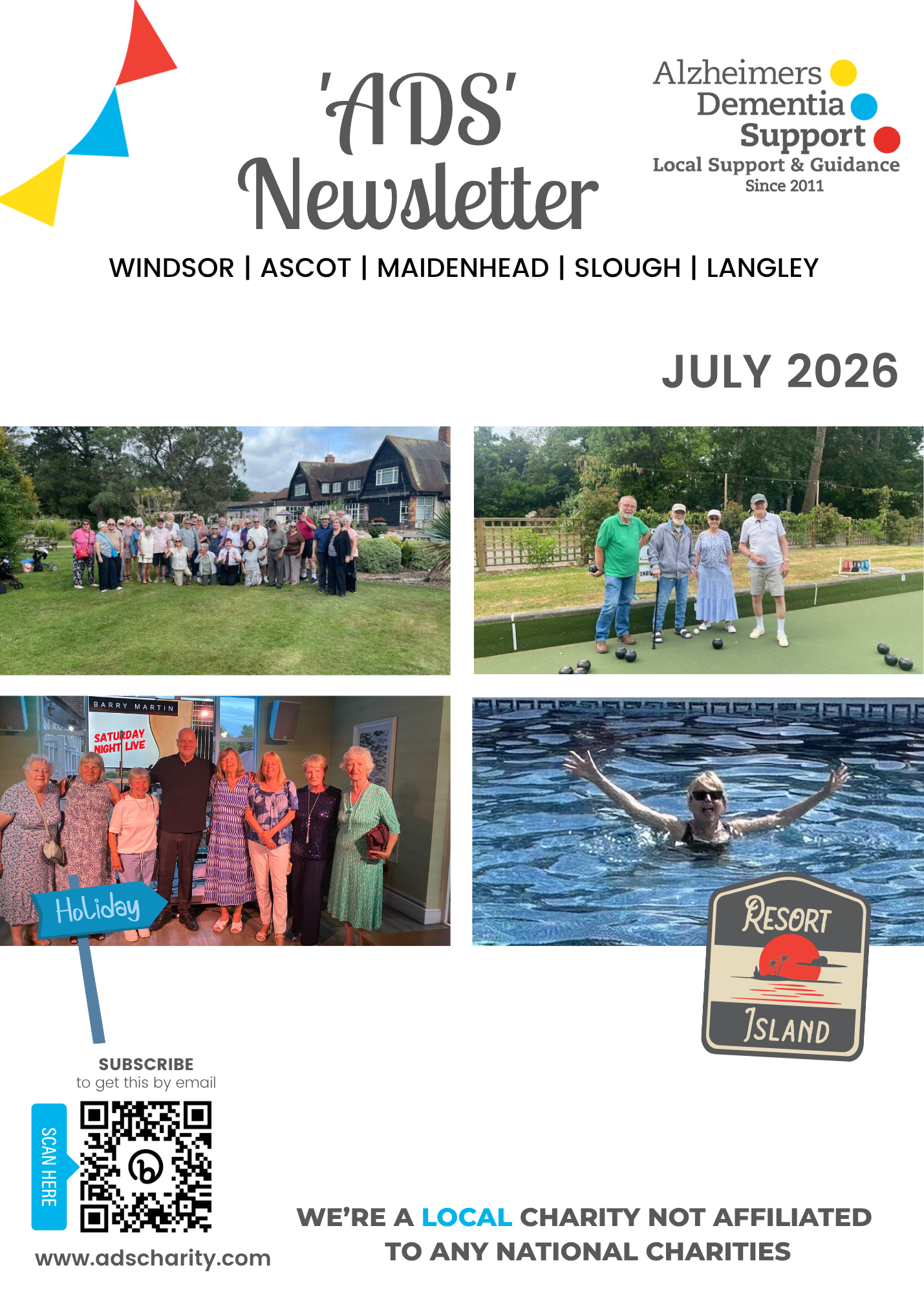 Cover page of ADS charity newsletter featuring logos, text, and four photos of people at a social event, including group photos and someone playing bocce ball, highlighting community support and activities in Windsor, Ascot, Maidenhead, Slough, and Langley, July 2026.