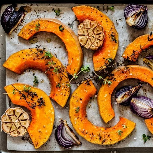 Roasted pumpkin with garlic and red onion — The Zest healthy meal delivery Barcelona