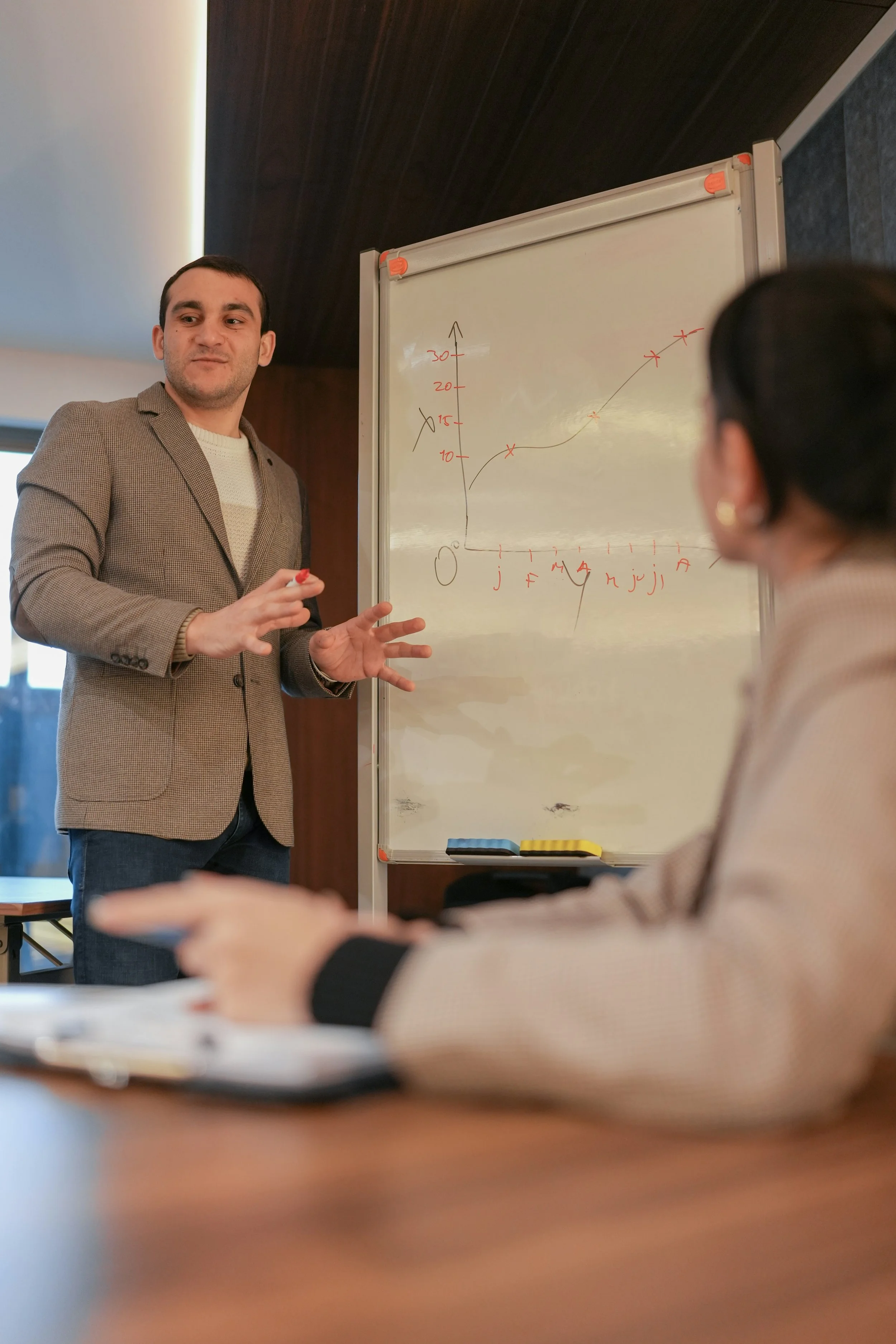 Young male leader in blazer standing at a flipchart and talking to his team