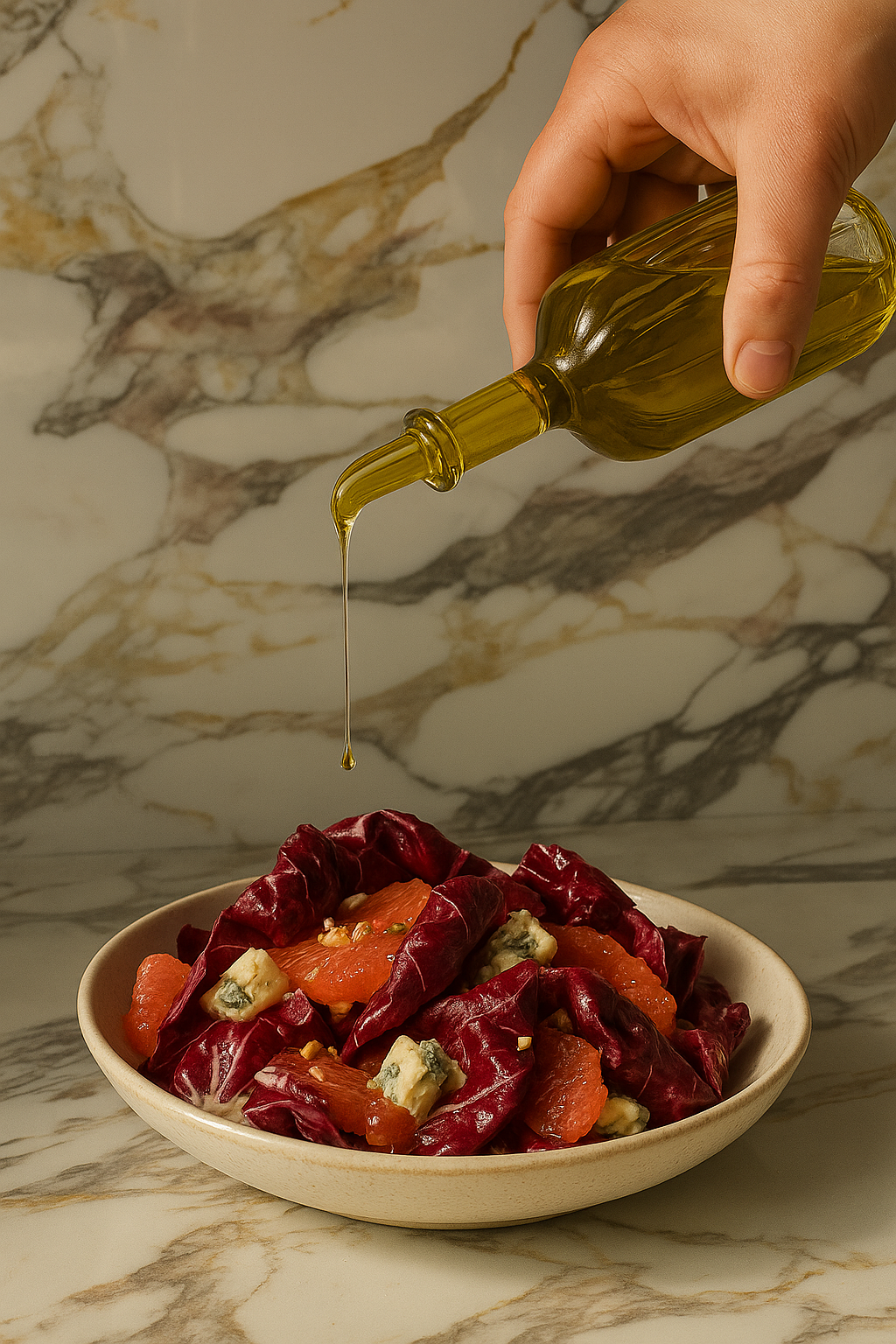 Olive oil being poured on a winter salad from a unique olive oil dispenser