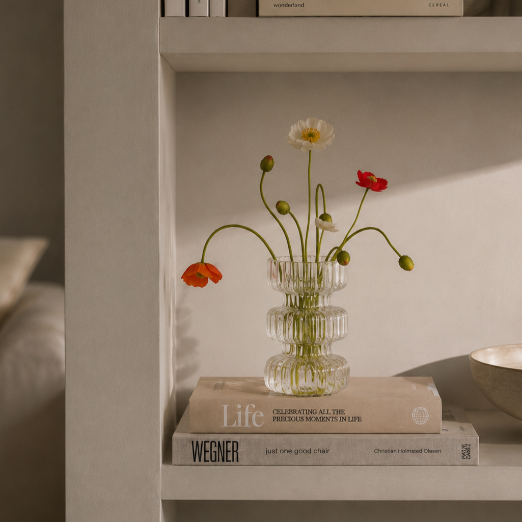 Decorative sculptural vase on shelf