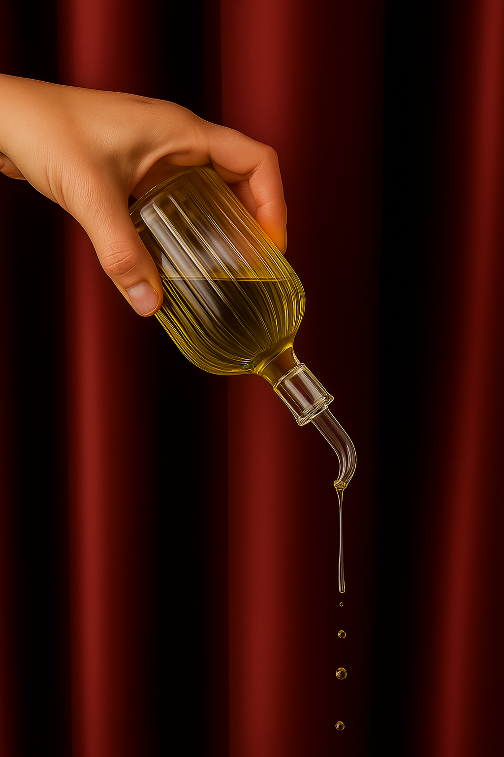 Olive oil being poured from a beautiful glass olive oil dispenser