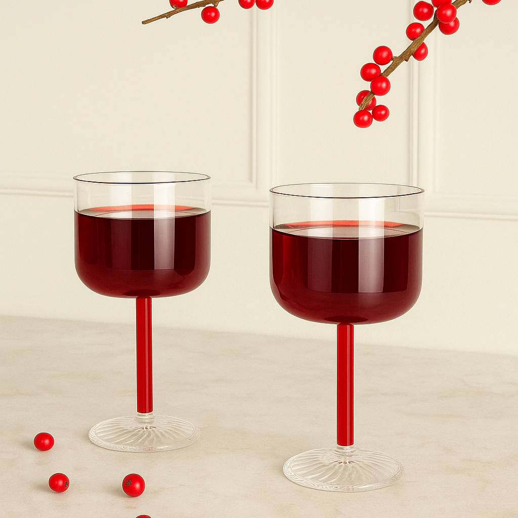 Set of Two Handmade Red Stem Wine Glasses – Perfect Christmas Gift