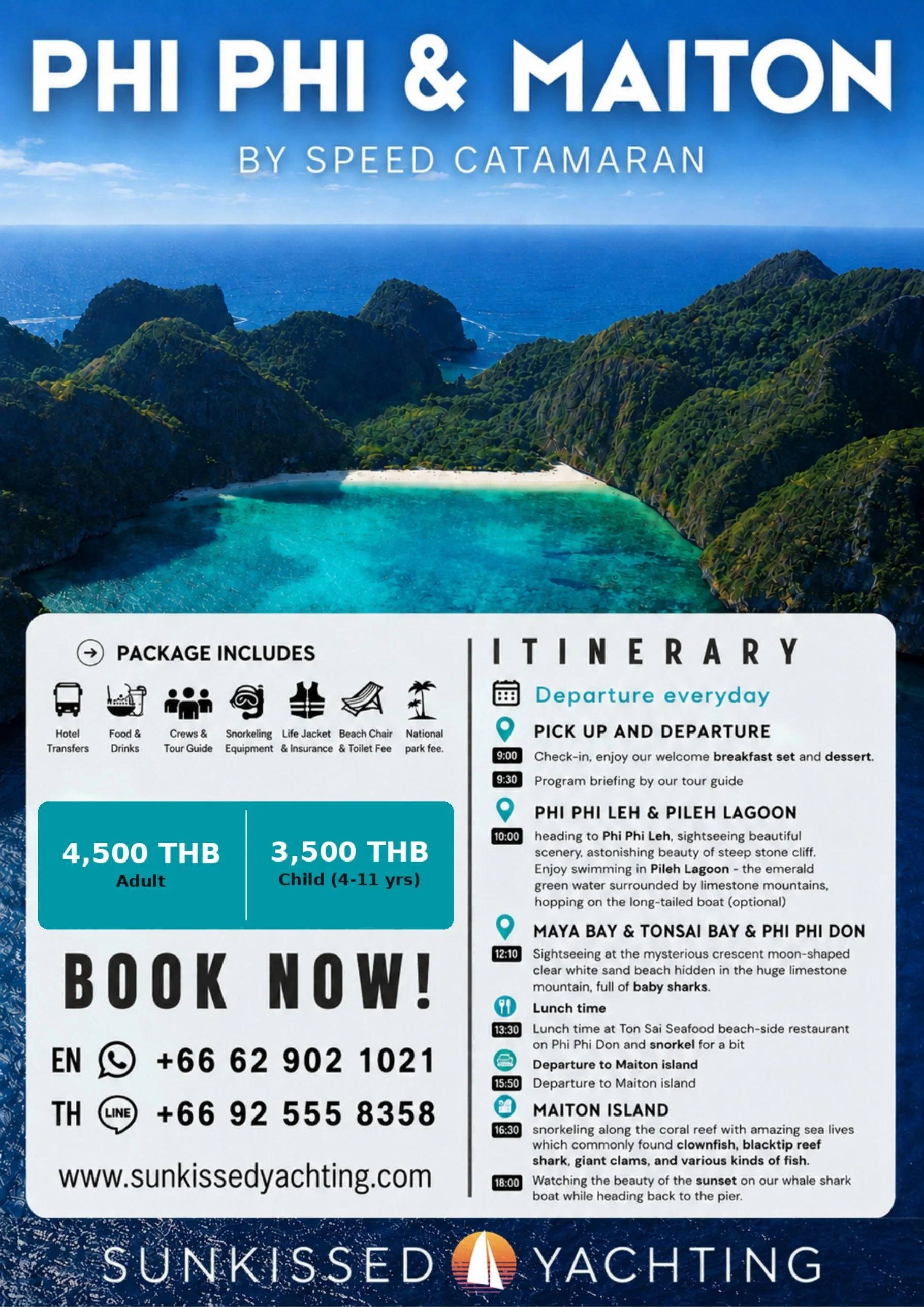 Aerial view of Phi Phi Leh hidden bay with white sand beach surrounded by limestone cliffs, Phuket speed catamaran