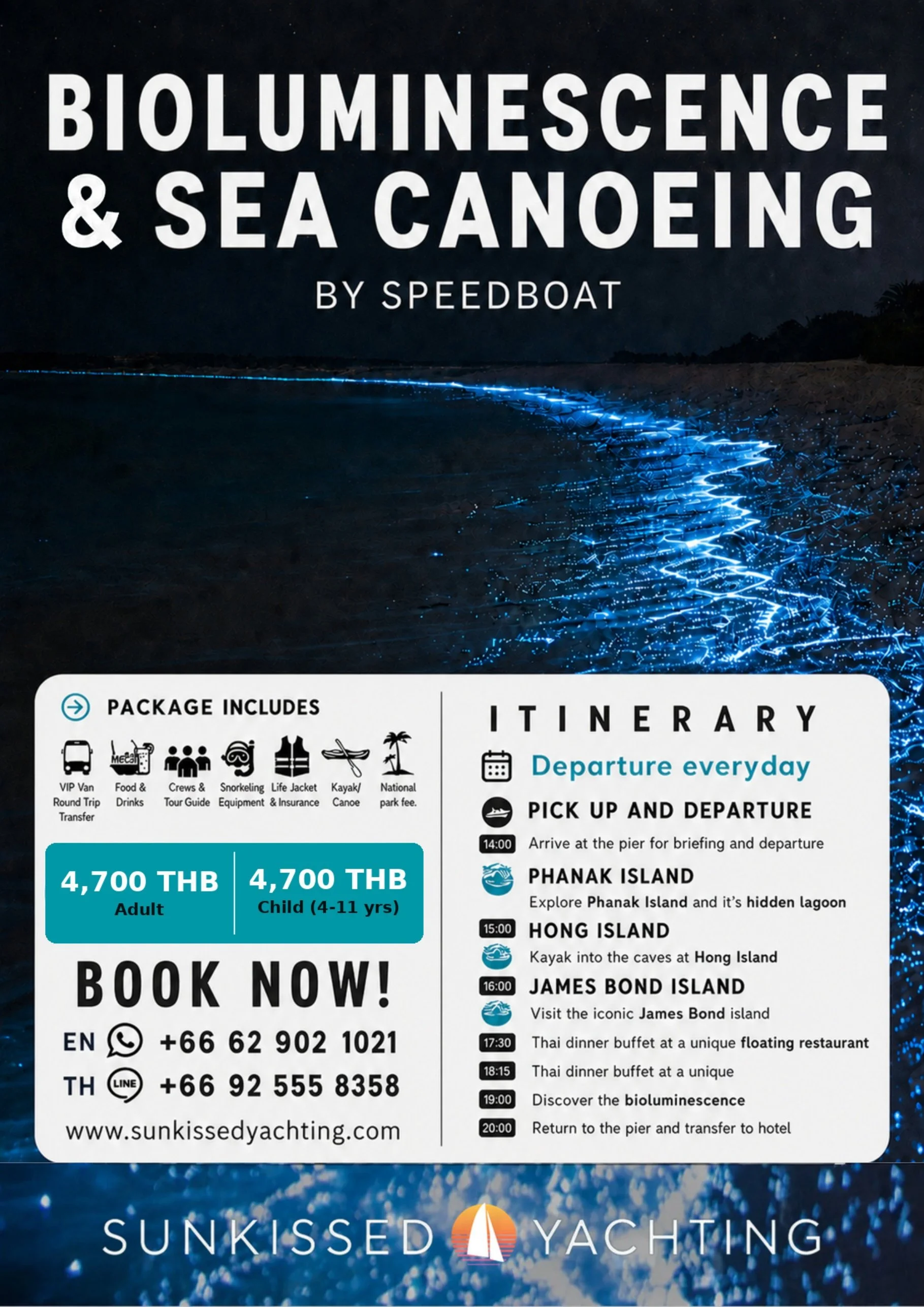 Glowing blue bioluminescent plankton illuminating a dark beach shoreline at night, Phuket evening tour
