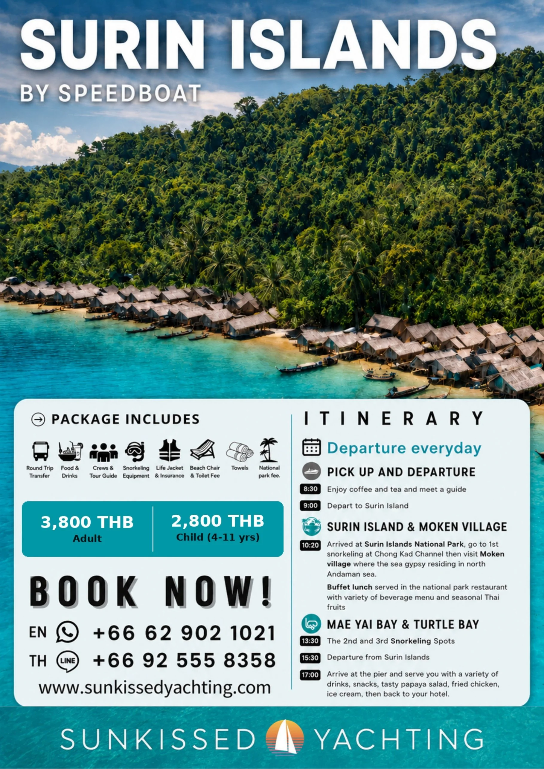 Traditional Moken sea gypsy stilt houses along Surin Islands shoreline with turquoise water, Phuket national park tour