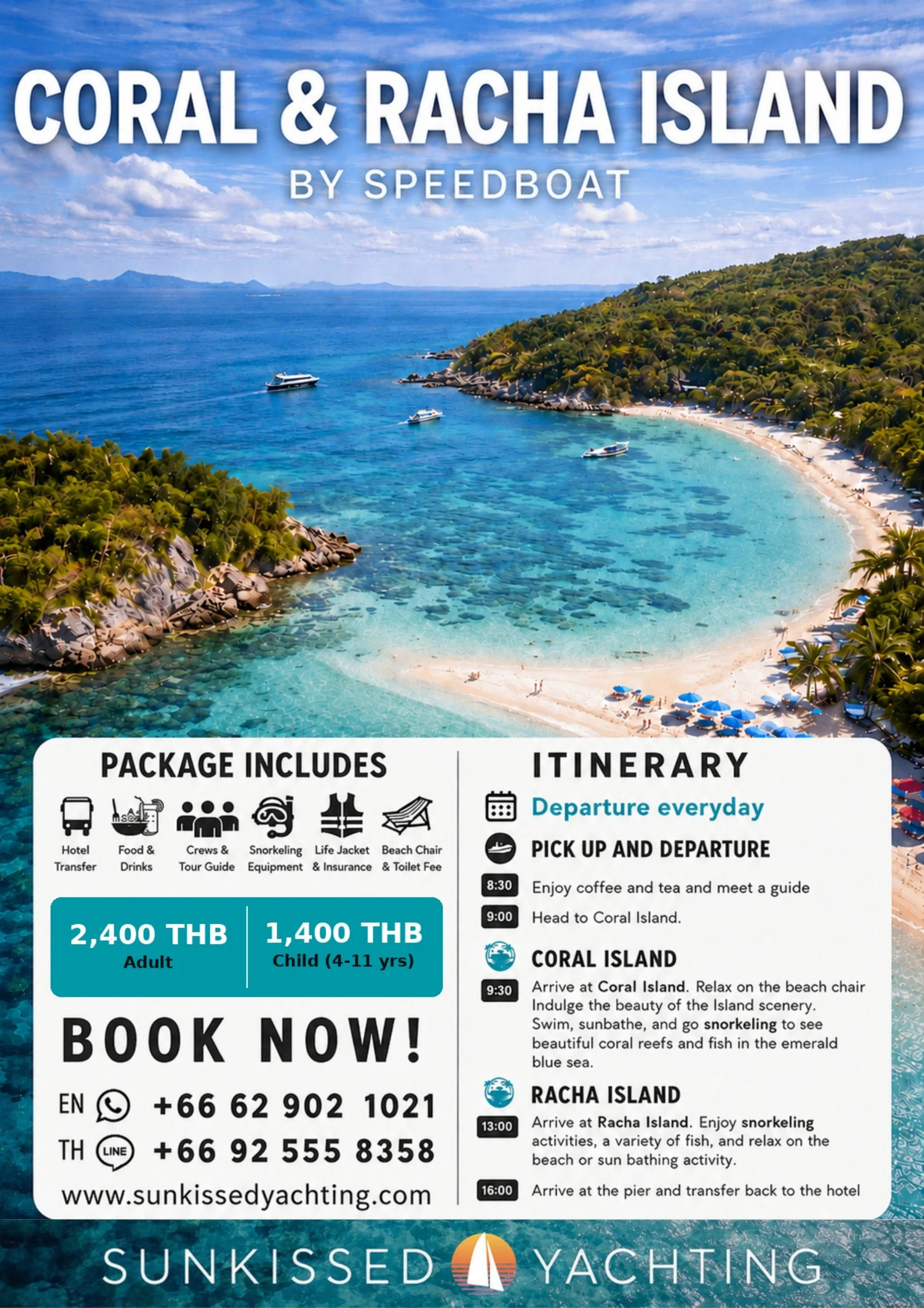 Aerial view of Racha Island curved white sand beach with p