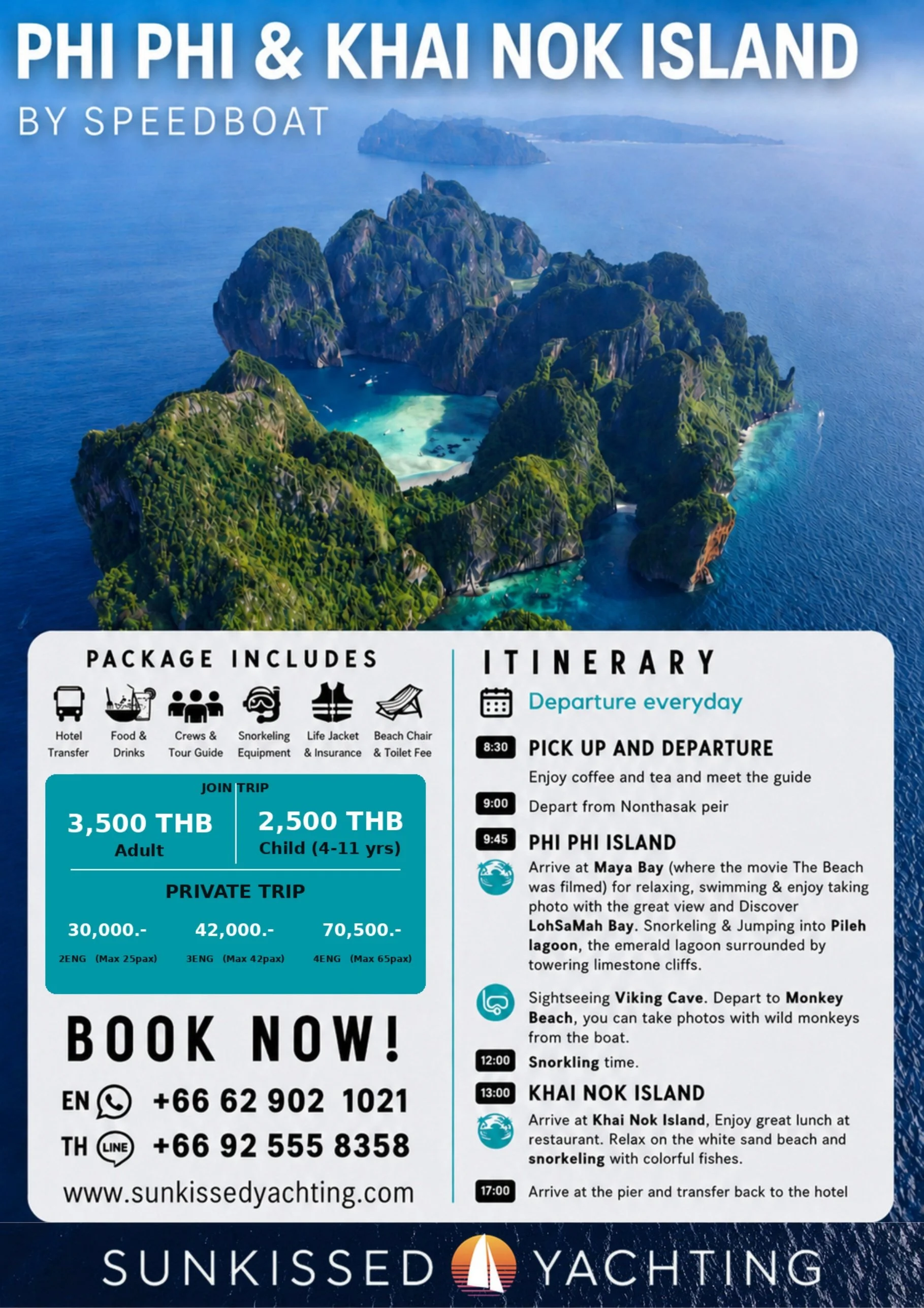 Aerial view of Phi Phi Island limestone cliffs around Maya Bay's turquoise lagoon, Phuket day tour