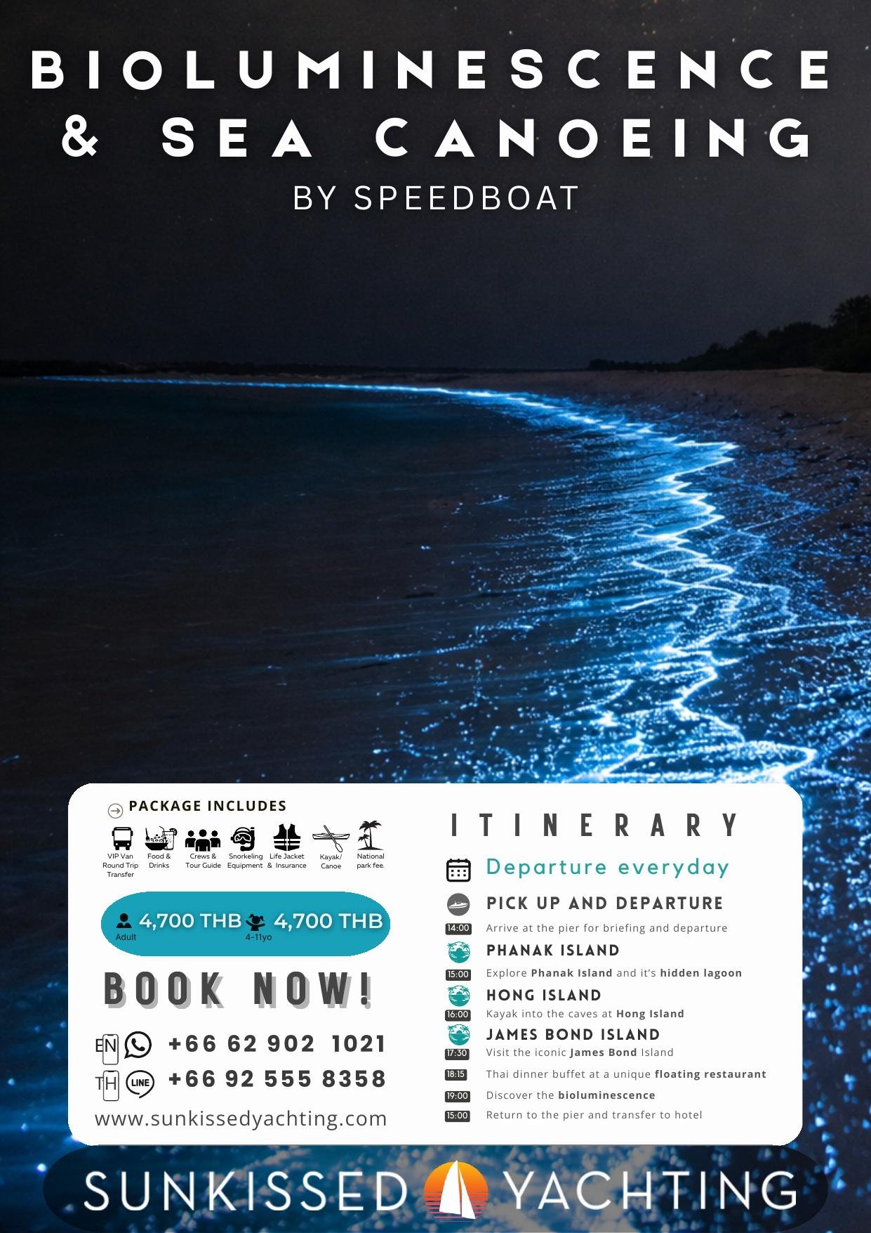 Glowing blue bioluminescent plankton illuminating a dark beach shoreline at night, Phuket evening tour