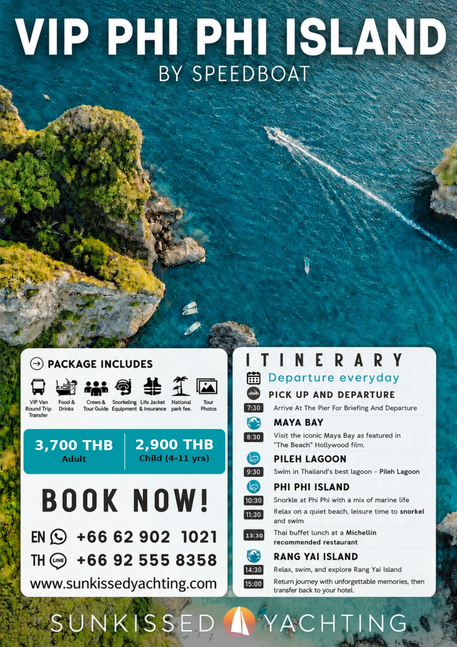 Aerial view of speedboat cruising past Phi Phi Island lush green cliffs and deep turquoise water, Phuket VIP tour