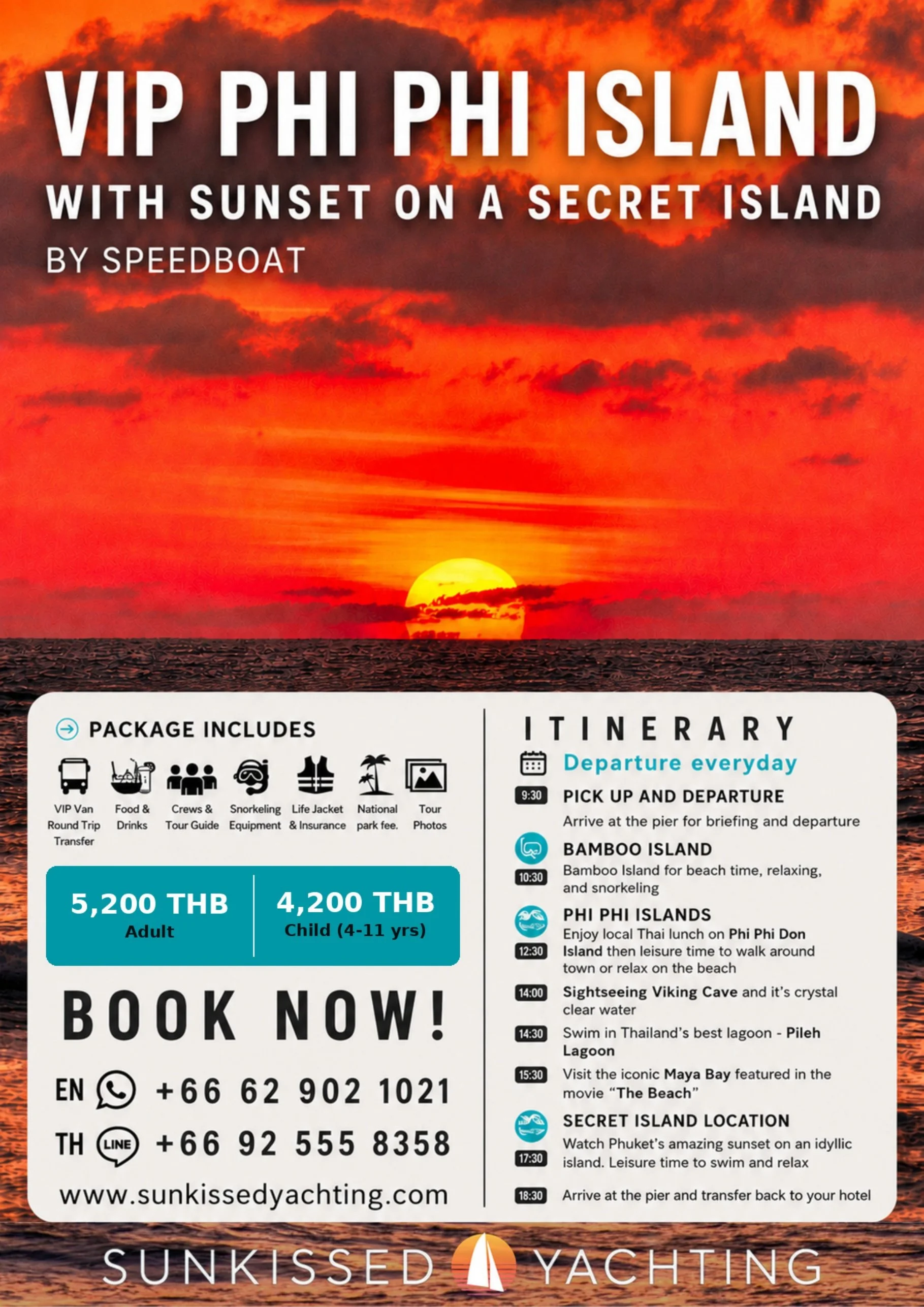 Vibrant red and orange Andaman Sea sunset with golden sun touching the horizon, Phuket sunset cruise