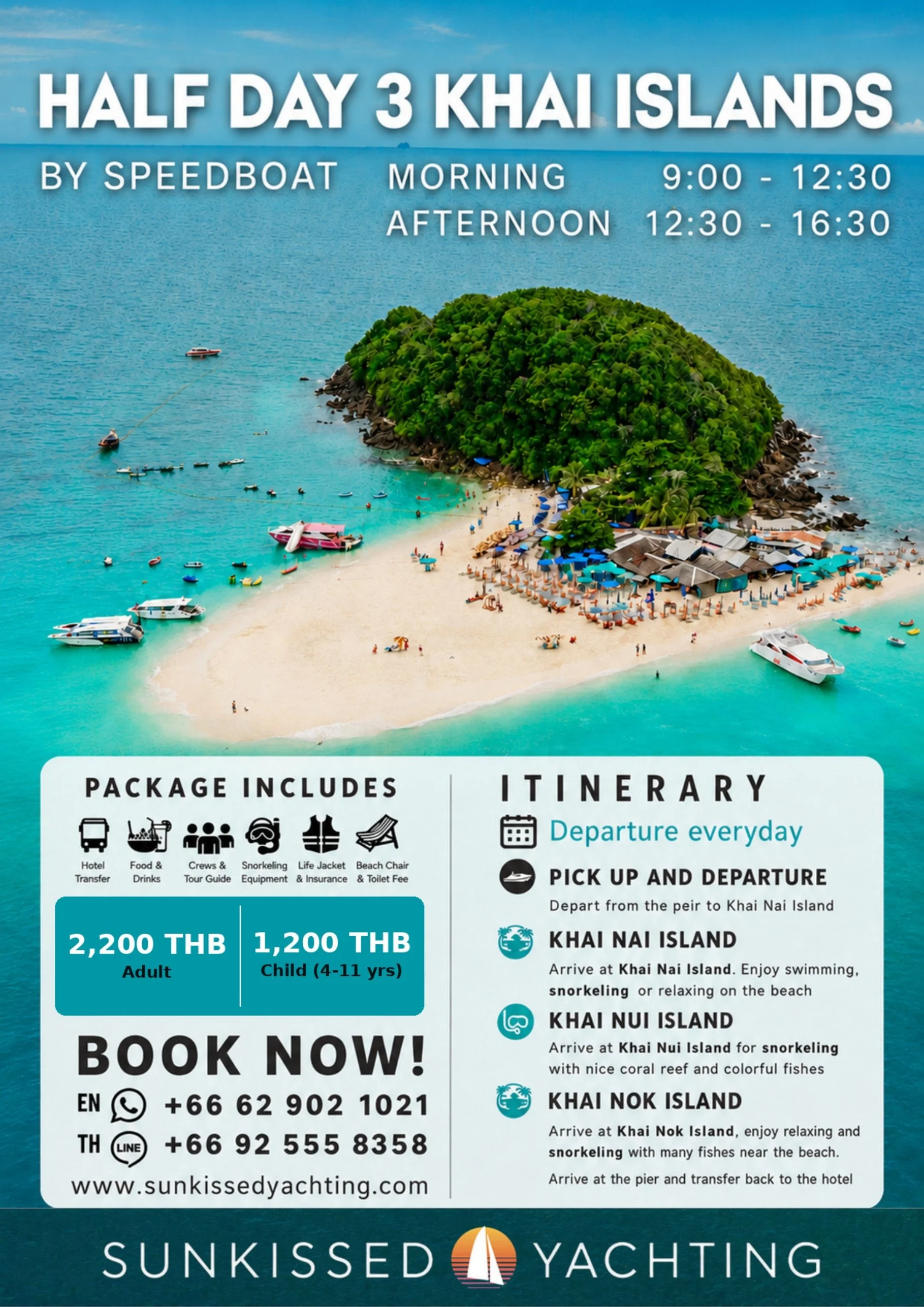 Tropical Khai Island with white sandy beach, beach umbrellas and speedboats in turquoise water, Phuket half day tour