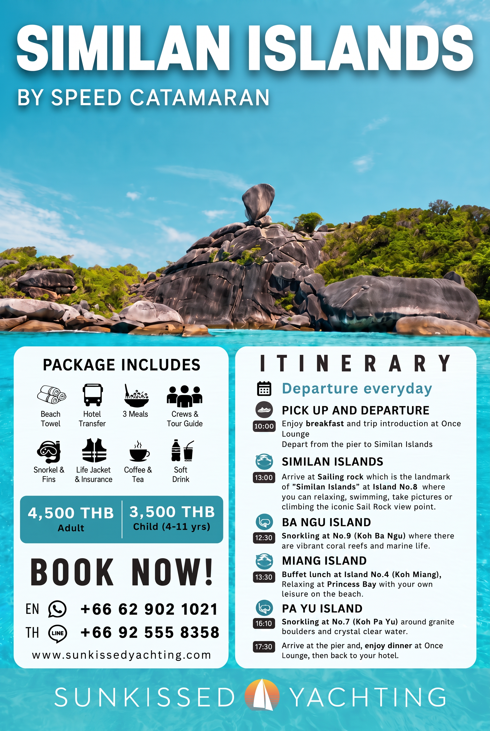 Similan Islands granite boulder formations with crystal clear turquoise water, Phuket speed catamaran tour