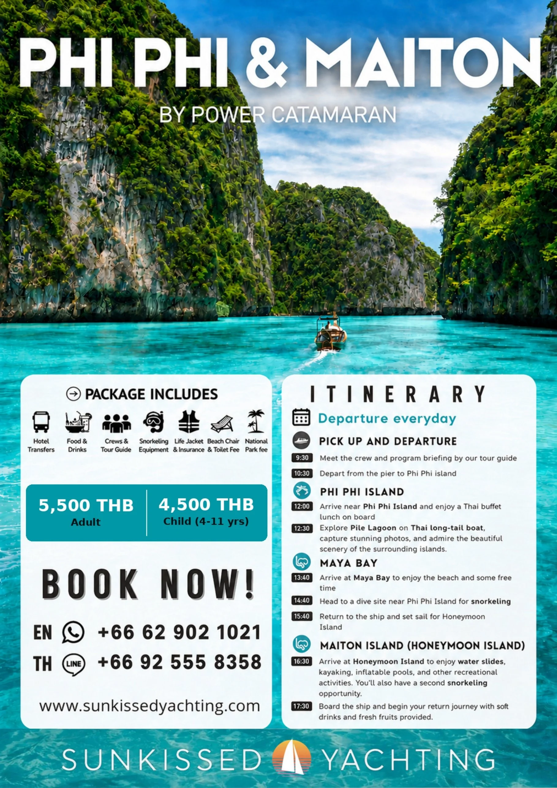 Aerial view of long-tail boat in turquoise channel between Phi Phi limestone cliffs, Phuket power catamaran tour