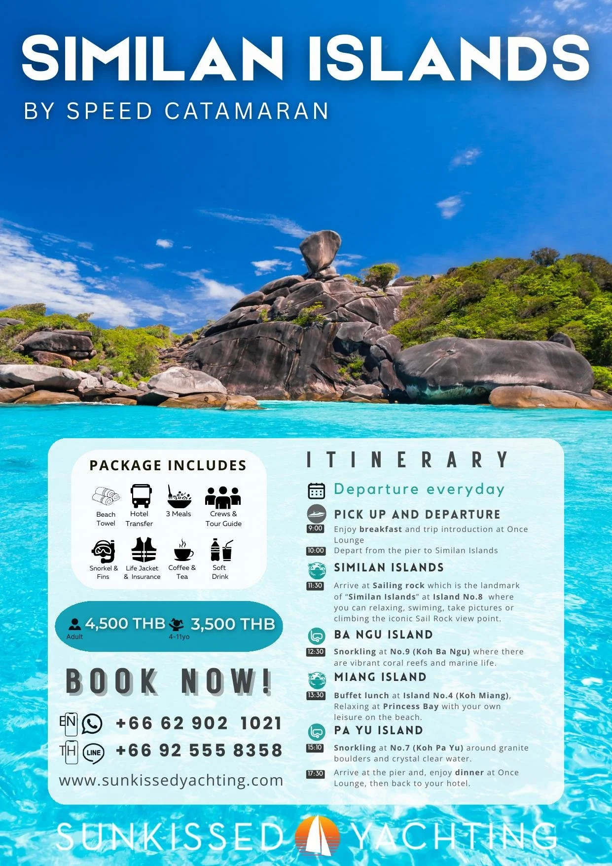 Similan Islands granite boulder formations with crystal clear turquoise water, Phuket speed catamaran tour