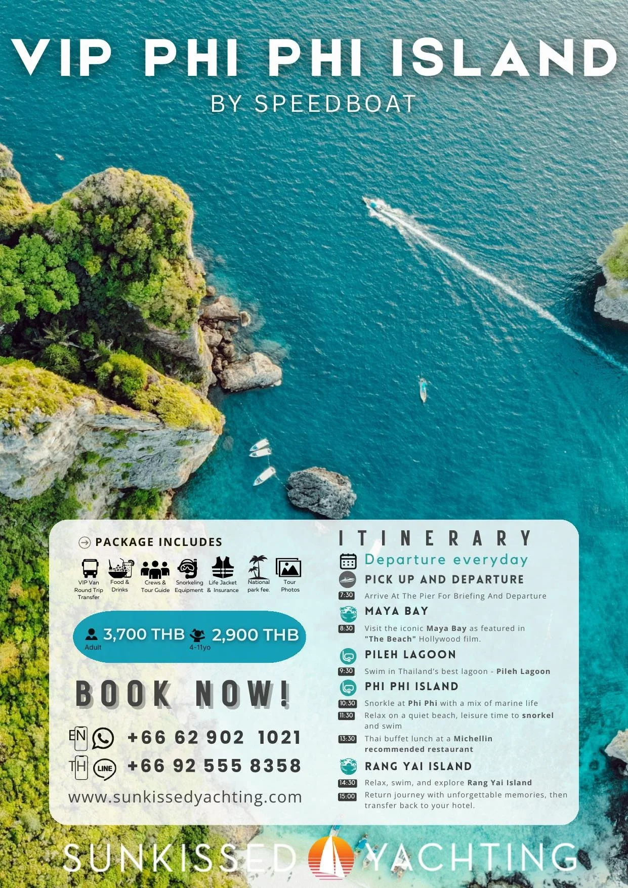 Aerial view of speedboat cruising past Phi Phi Island lush green cliffs and deep turquoise water, Phuket VIP tour