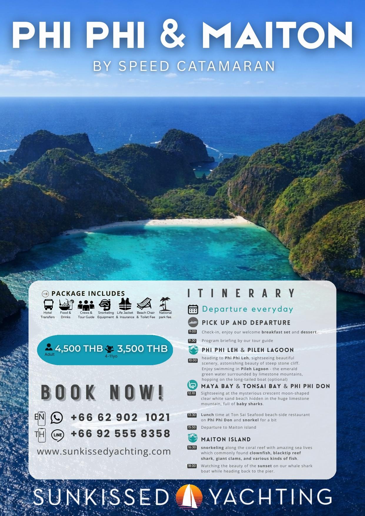 Aerial view of Phi Phi Leh hidden bay with white sand beach surrounded by limestone cliffs, Phuket speed catamaran