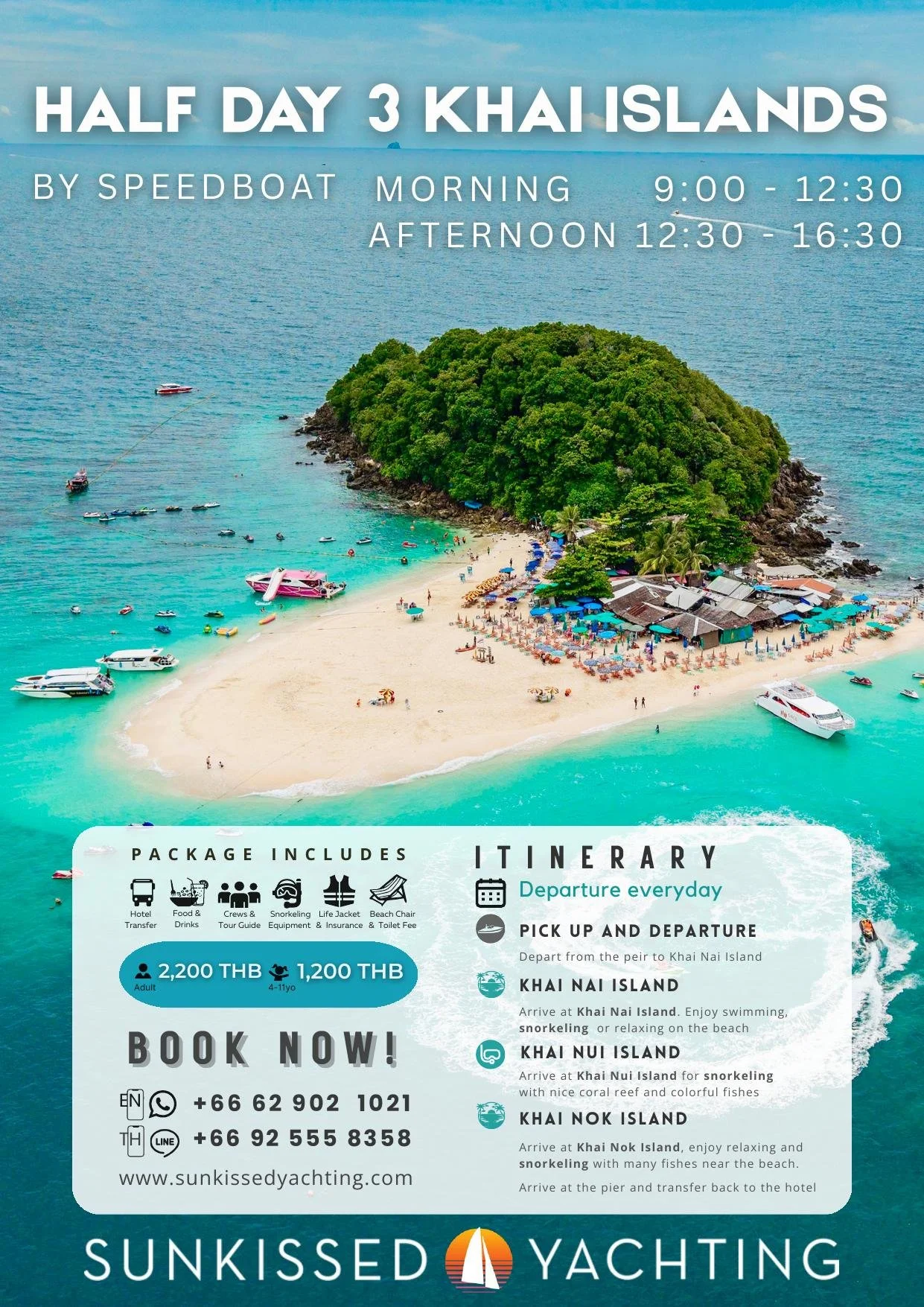 Tropical Khai Island with white sandy beach, beach umbrellas and speedboats in turquoise water, Phuket half day tour