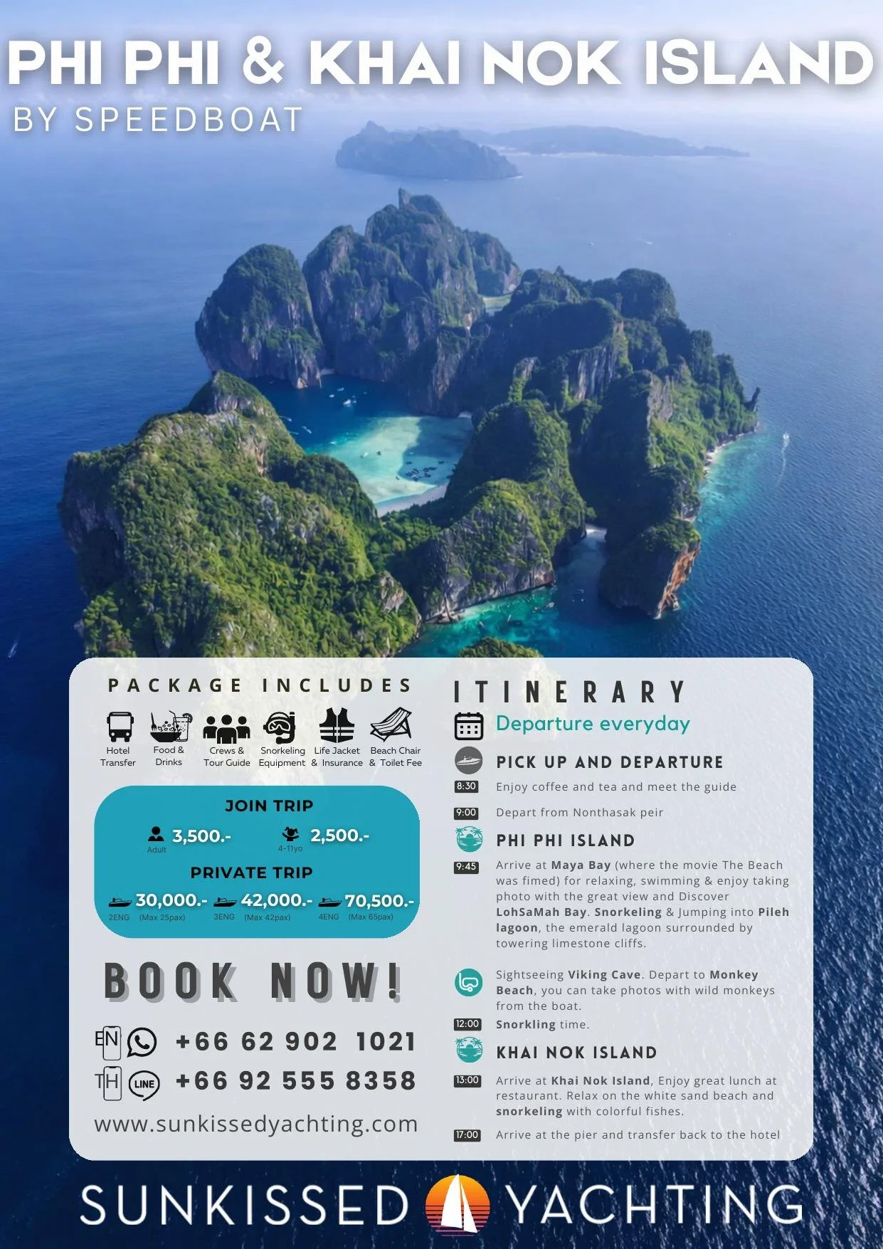 Aerial view of Phi Phi Island limestone cliffs around Maya Bay's turquoise lagoon, Phuket day tour