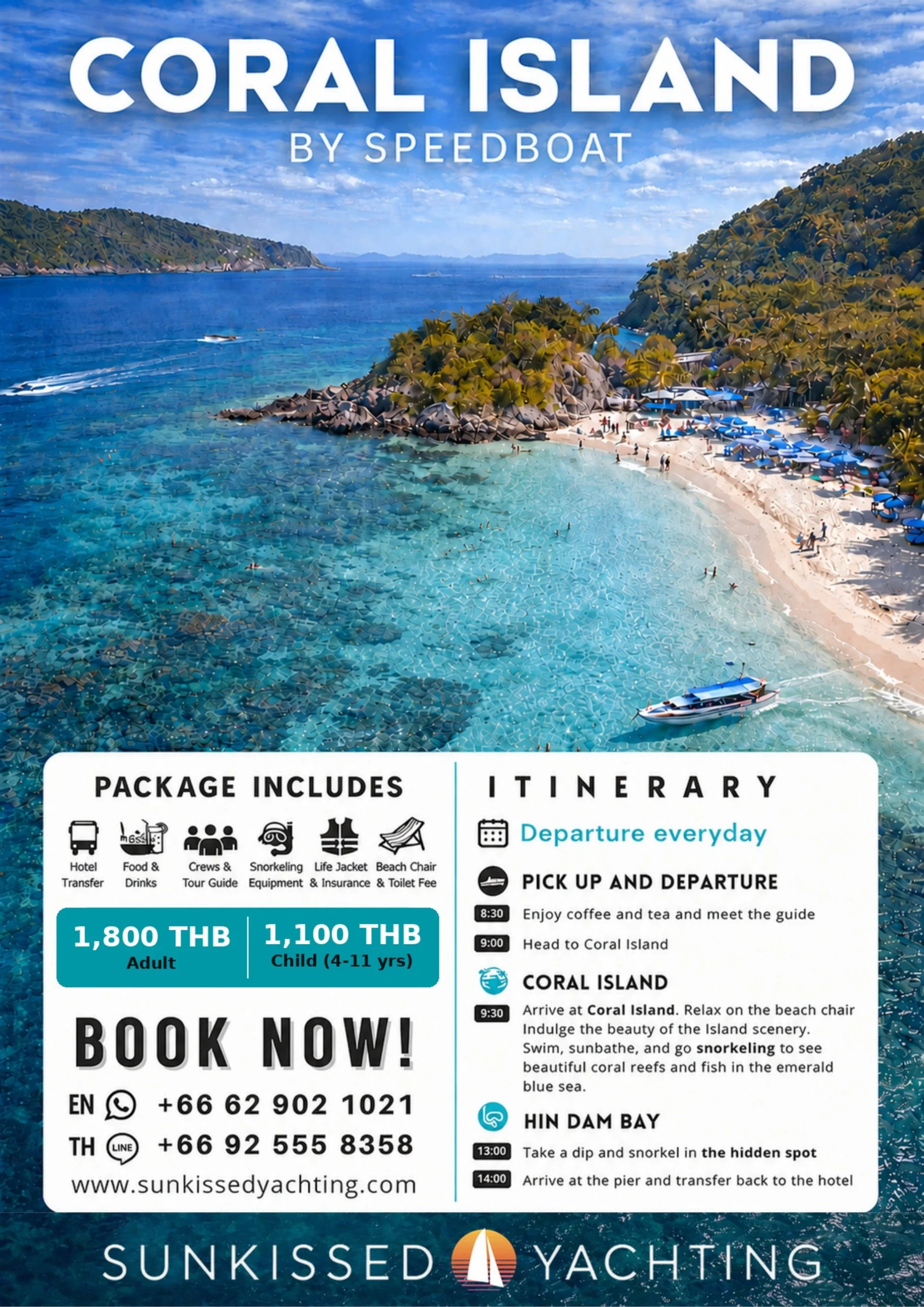 Aerial view of Coral Island white sand beach with turquoise water and beach umbrellas, Phuket day tour