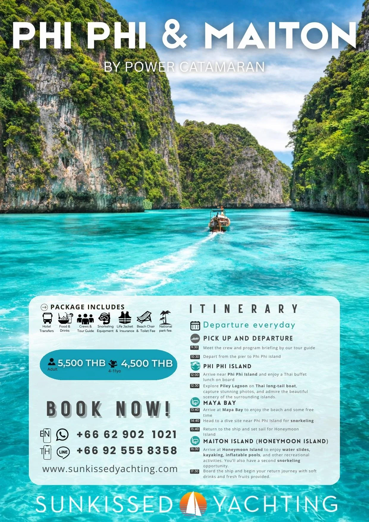 Aerial view of long-tail boat in turquoise channel between Phi Phi limestone cliffs, Phuket power catamaran tour