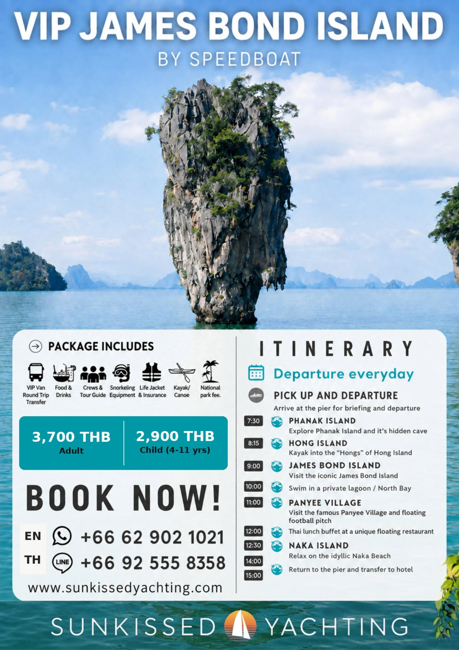Iconic limestone karst Khao Phing Kan James Bond Island rising from Phang Nga Bay, Phuket VIP tour