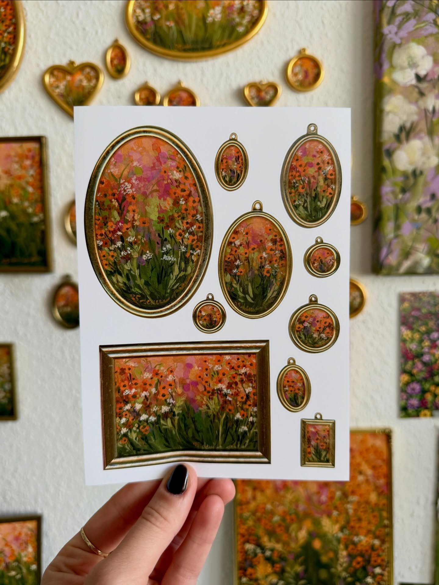 I don&rsquo;t think I have shown you this stickersheet yet!!! I made a little gallery wall to replicate a recent collection of acrylic paintings I did. I scanned all of these paintings with their original frames and adjusted them in the same way that