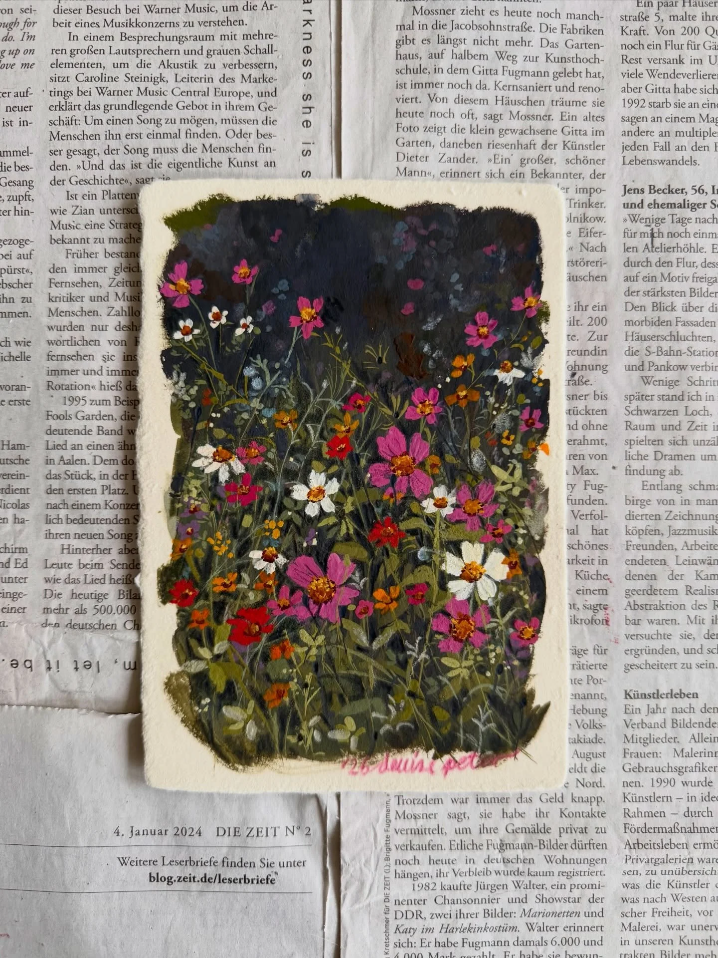 &bdquo;Cosmos bipinnatus IV&ldquo;, 2026, gouache and coloured pencils on light vanilla handmade paper