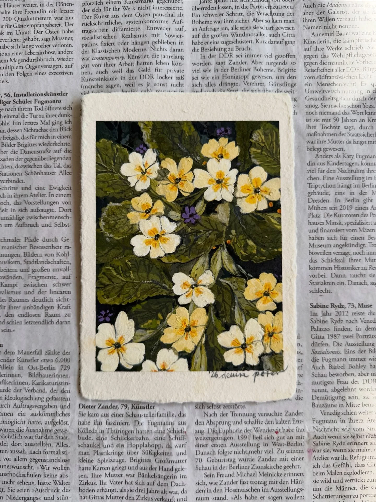 &bdquo;Primula acaulis&ldquo;, 2026, gouache and coloured pencils on handmade paper