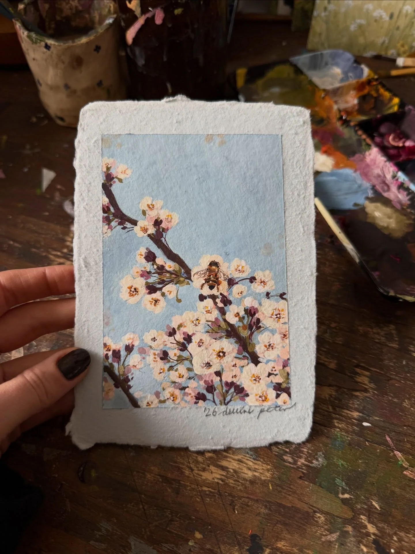 The Garden Collection, &bdquo;Prunus cerasus&ldquo;, gouache on handmade paper, painted after this stunning!! photograph by @hanni.sp - Thank you, Hannah!! 
This collection is turning out to be very challenging, it&rsquo;s good to be changing it up a