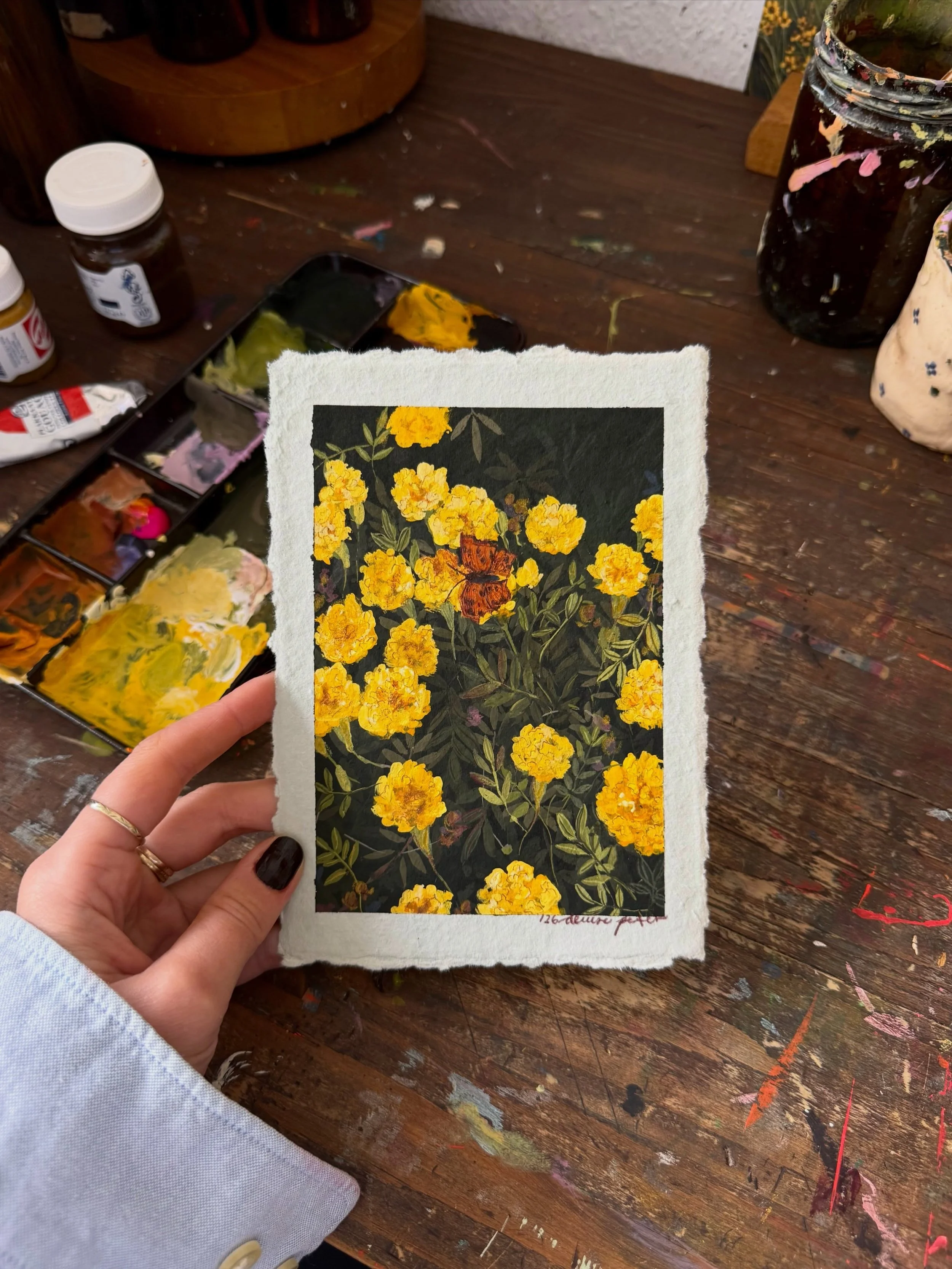 &bdquo;Tagetes erecta III&ldquo;, gouache and coloured pencils on handmade paper, photograph taken by my talented artist friend @guans_art 🧡💛